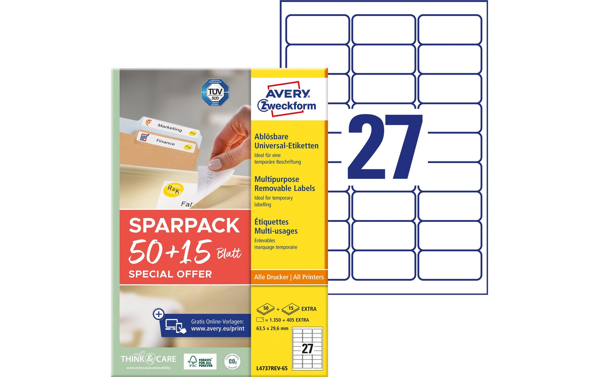 AVERY Zweckform – Etiketten A4 64 × 30 mm – Papier, weiss – wiederablösbar – 27 pro Blatt, 65 Blätter