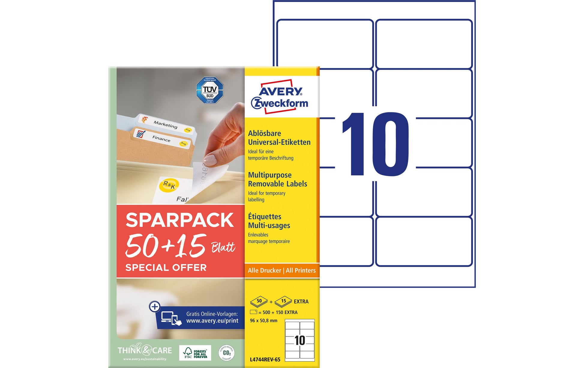 Avery L4744REV-65 – Etiketten A4 95 × 51 mm – Papier, weiss – wiederablösbar – Laser/Inkjet – 65 Blätter