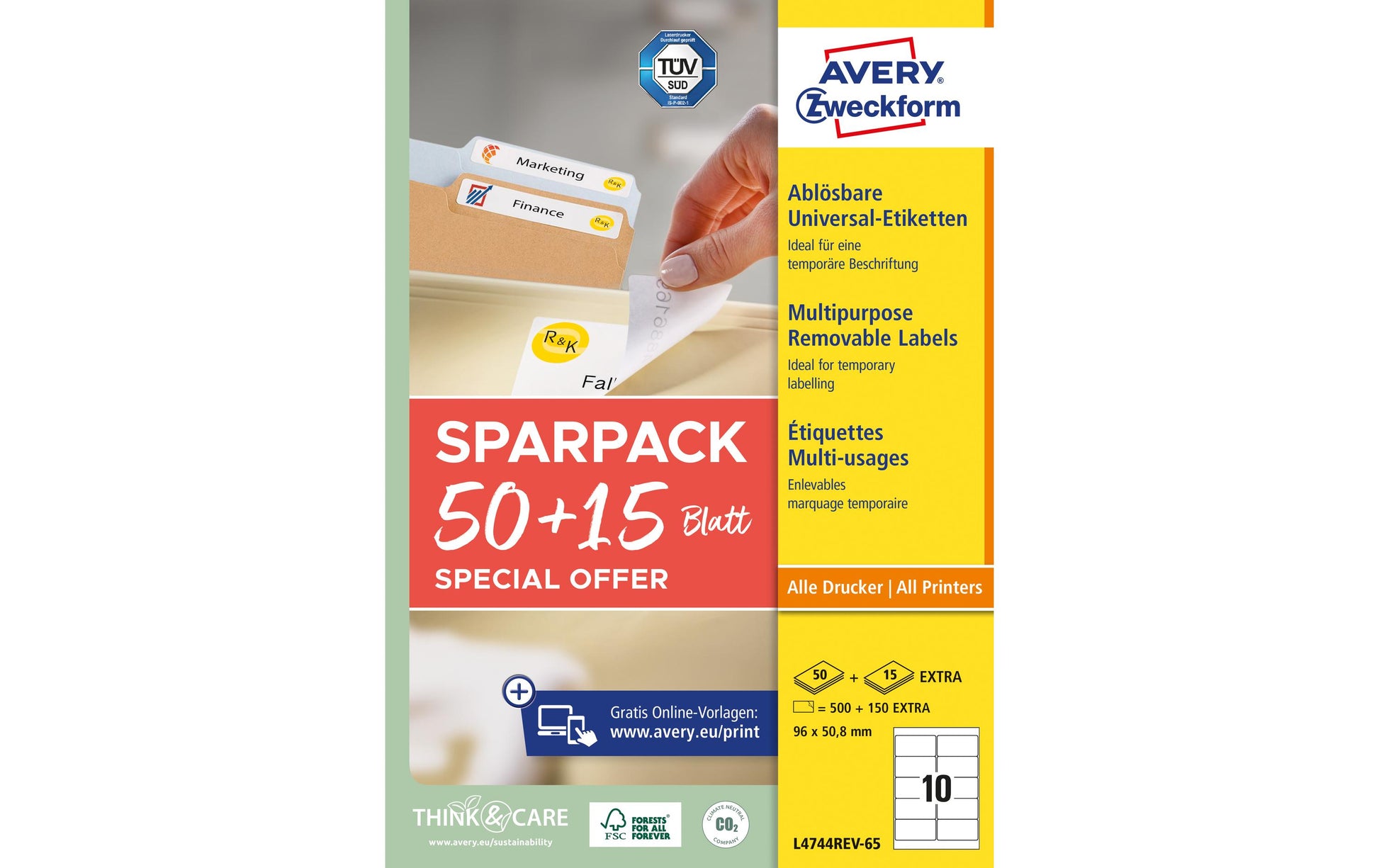 Avery L4744REV-65 – Etiketten A4 95 × 51 mm – Papier, weiss – wiederablösbar – Laser/Inkjet – 65 Blätter