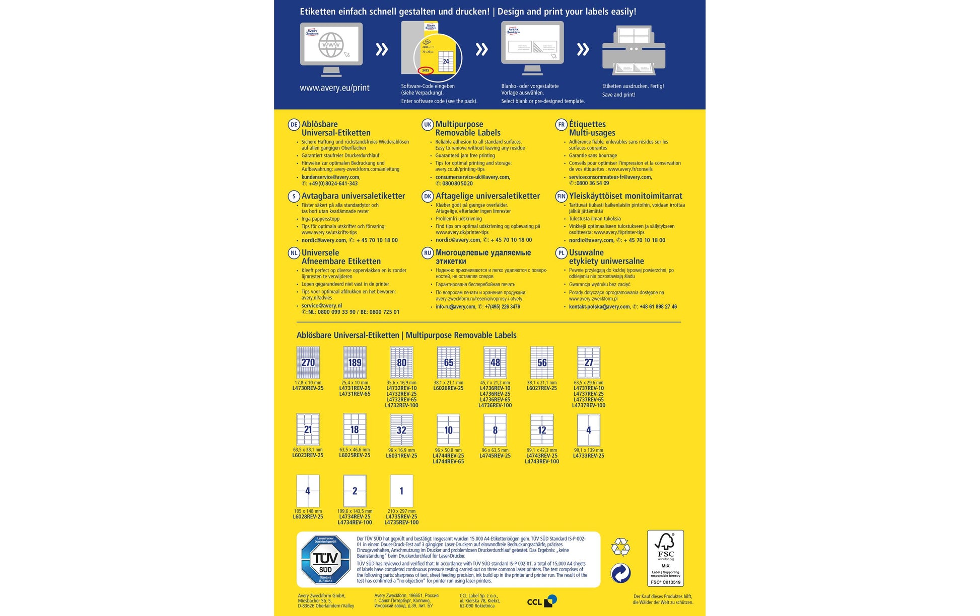 Avery L4744REV-65 – Etiketten A4 95 × 51 mm – Papier, weiss – wiederablösbar – Laser/Inkjet – 65 Blätter