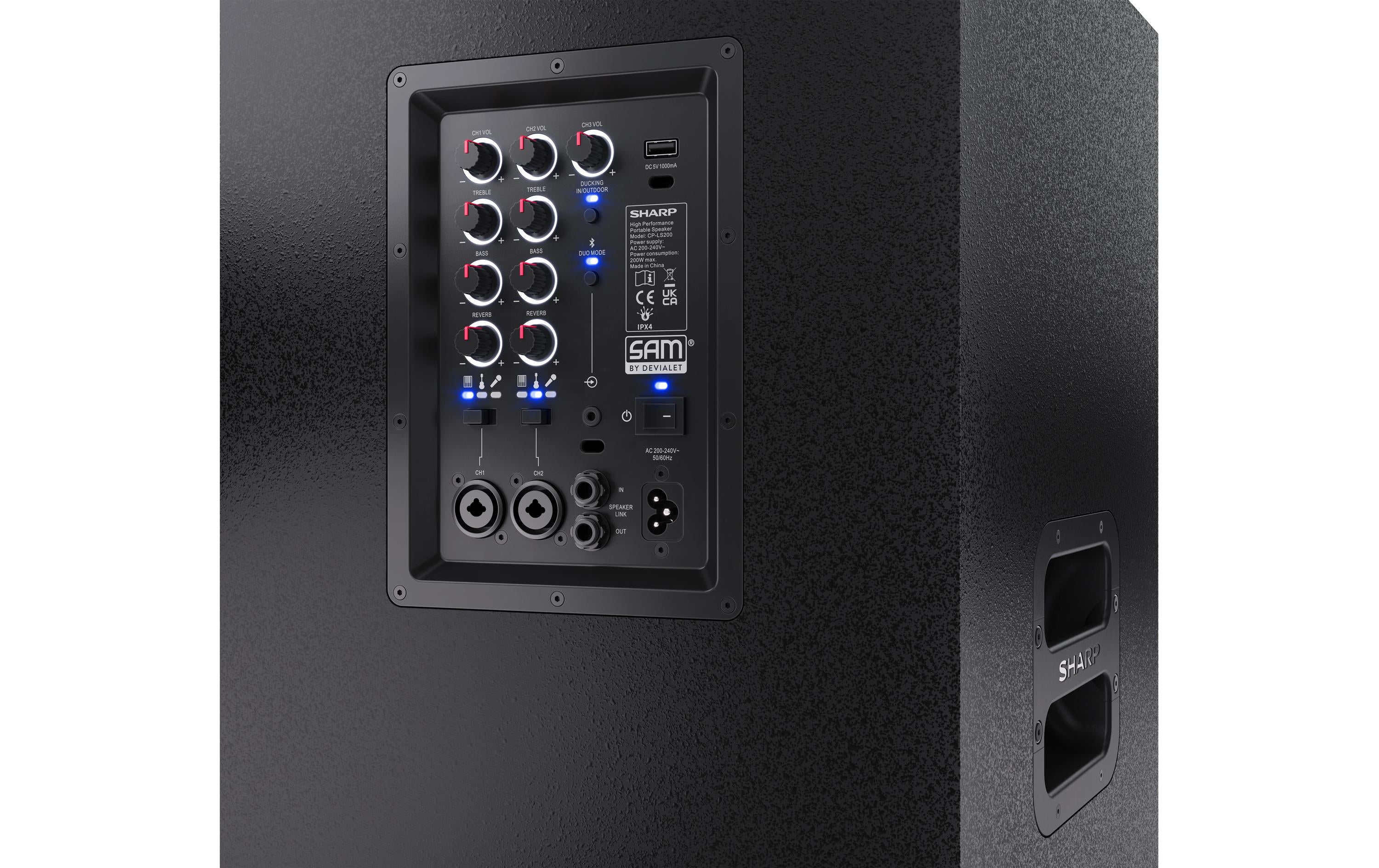 Sharp CP-LS200 – Party-Lautsprecher – 200 W, 8 h Akku, LED, Bluetooth 5.0, IPX4, Schwarz