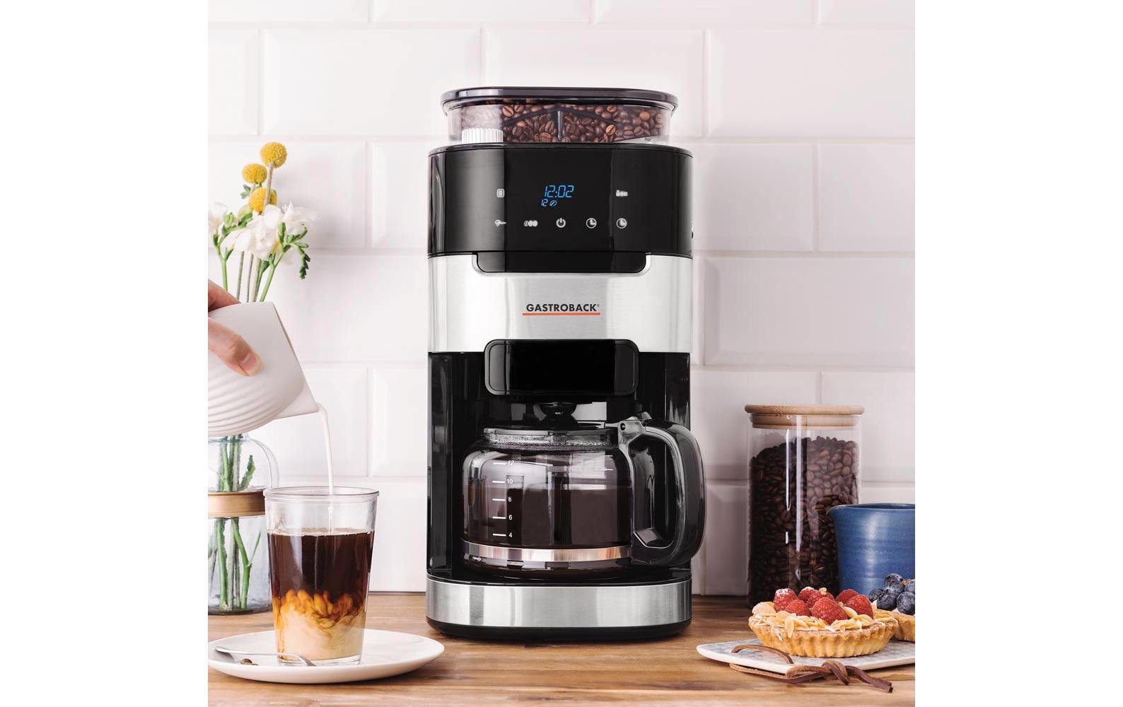 Gastroback 42711 Filterkaffeemaschine – 8 Tassen, 1 l, Karaffe, Schwarz/Edelstahl, 21,3 × 43 × 31,4 cm