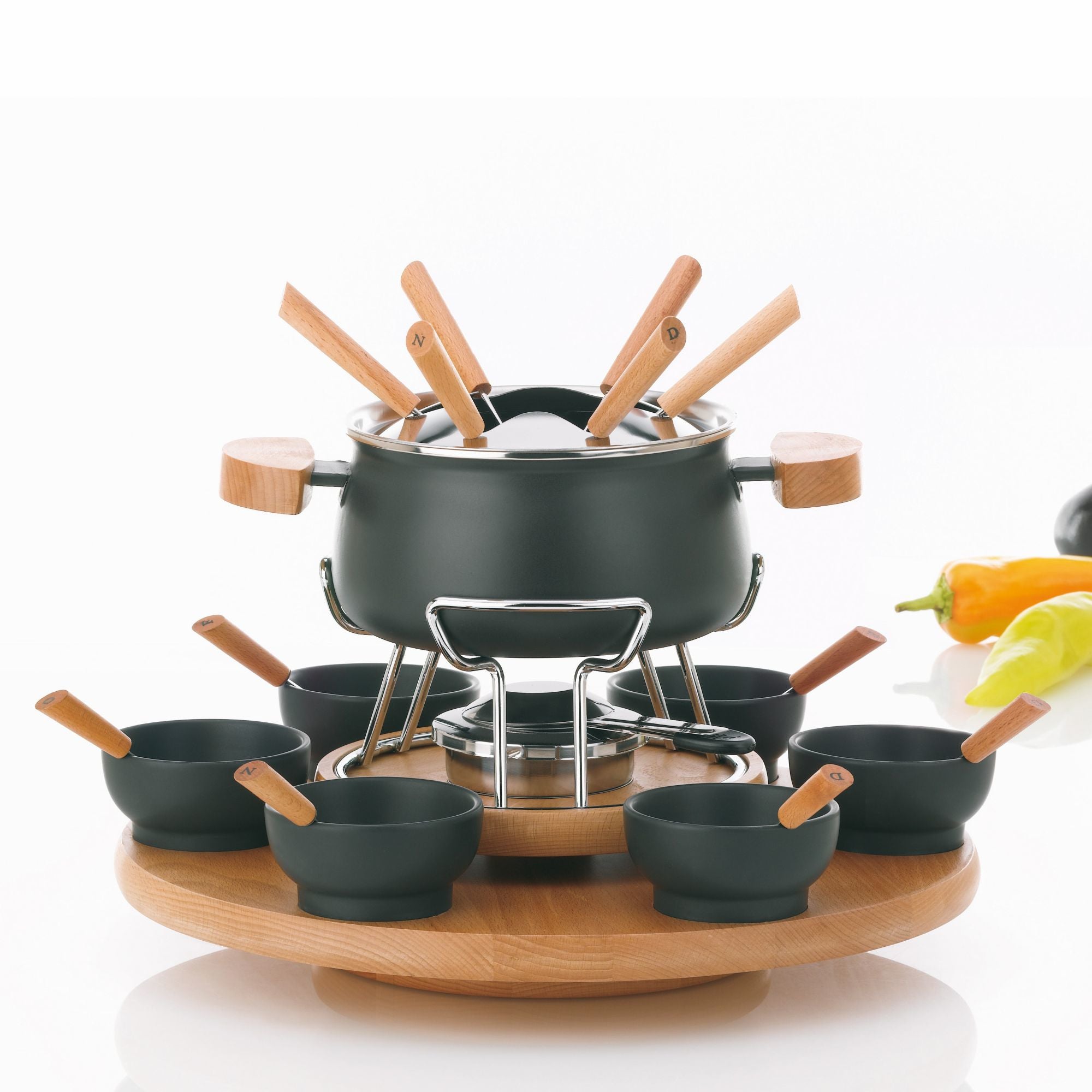 Kela Fondue-Set Natura – Ø 39 cm, Keramik, für Fondue Bourguignonne, Gas, Schwarz, 6 Personen, 23 Teile