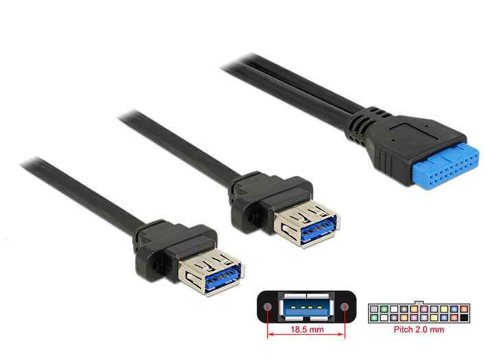 DeLOCK USB-Adapter Pinheader auf USB-A (Buchse) – USB 3.2 Gen 1 (5 Gbit/s) – Verschraubbar – Schwarz