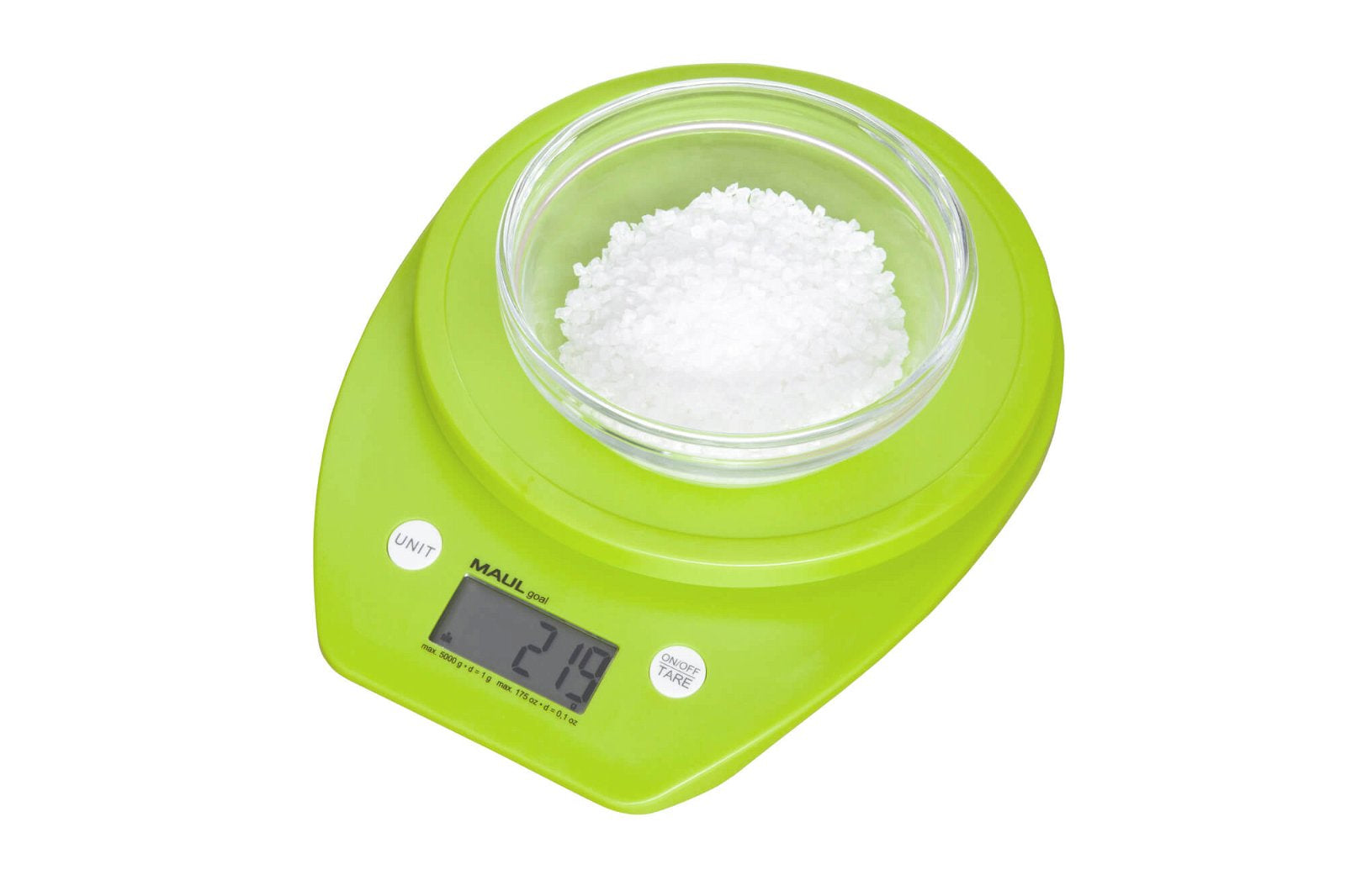 MAUL Digitale Küchenwaage – 5 kg, 1 g, Kunststoff, Grün, rund, mit Tara