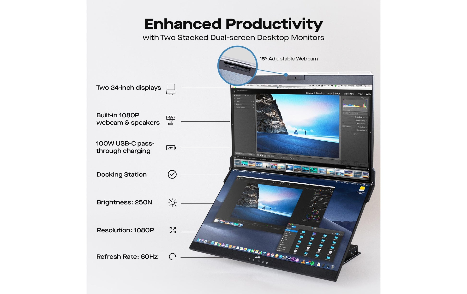 Mobile Pixels Geminos (FHD) 24 – Monitor, 24", 250 cd/m², Webcam, 2× USB-C, 2× HDMI, Lautsprecher, Schwarz