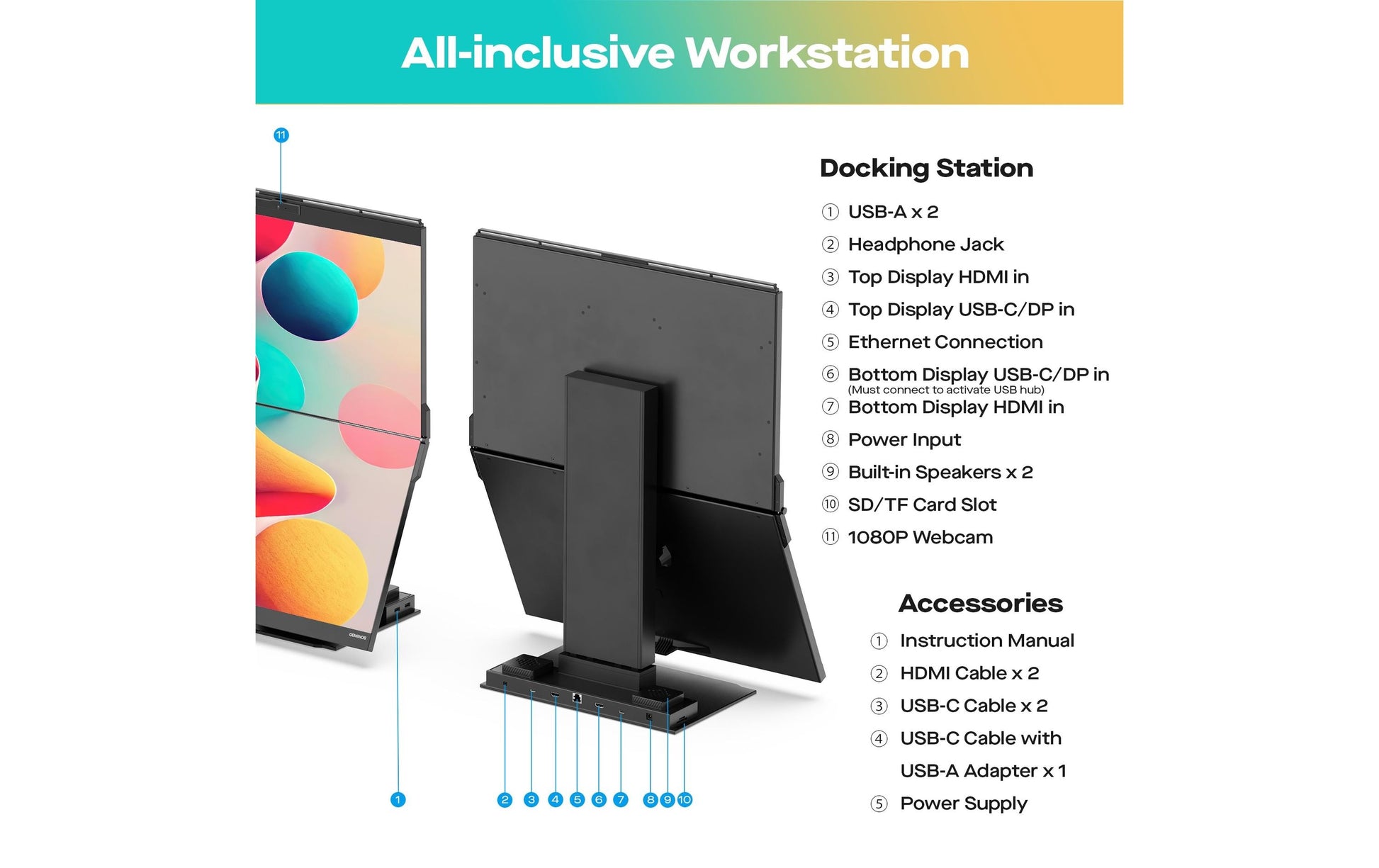 Mobile Pixels Geminos (FHD) 24 – Monitor, 24", 250 cd/m², Webcam, 2× USB-C, 2× HDMI, Lautsprecher, Schwarz