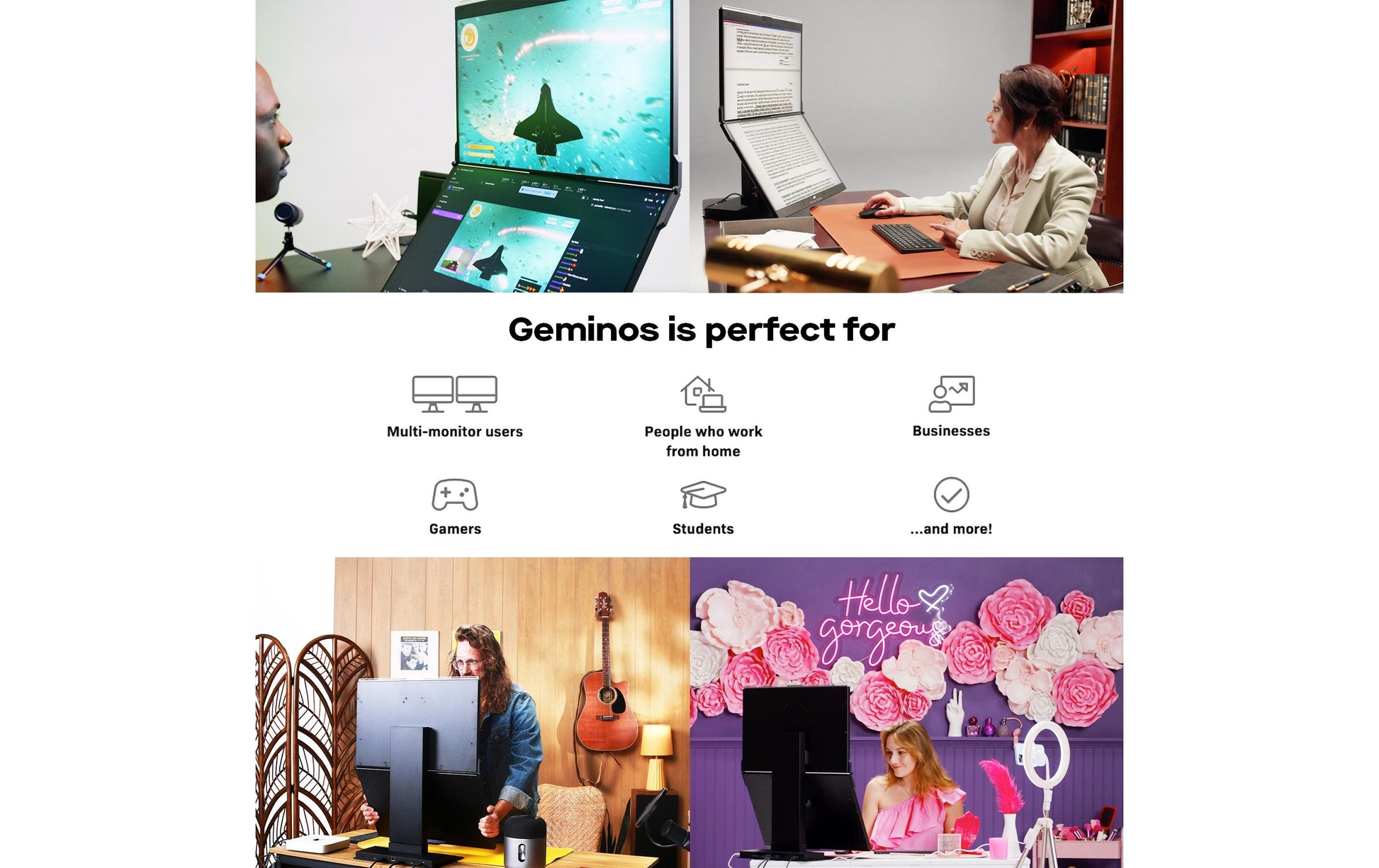 Mobile Pixels Geminos (FHD) 24 – Monitor, 24", 250 cd/m², Webcam, 2× USB-C, 2× HDMI, Lautsprecher, Schwarz