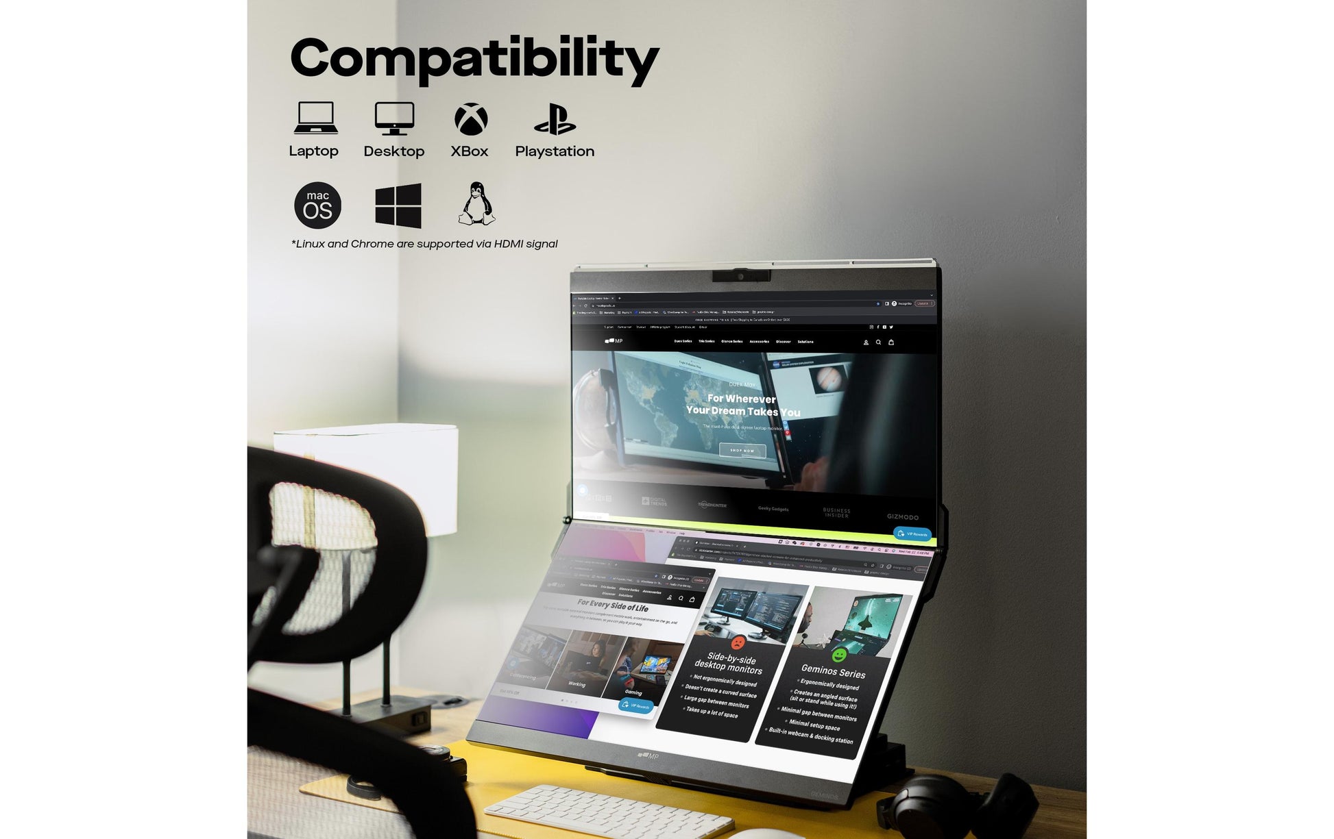 Mobile Pixels Geminos (FHD) 24 – Monitor, 24", 250 cd/m², Webcam, 2× USB-C, 2× HDMI, Lautsprecher, Schwarz