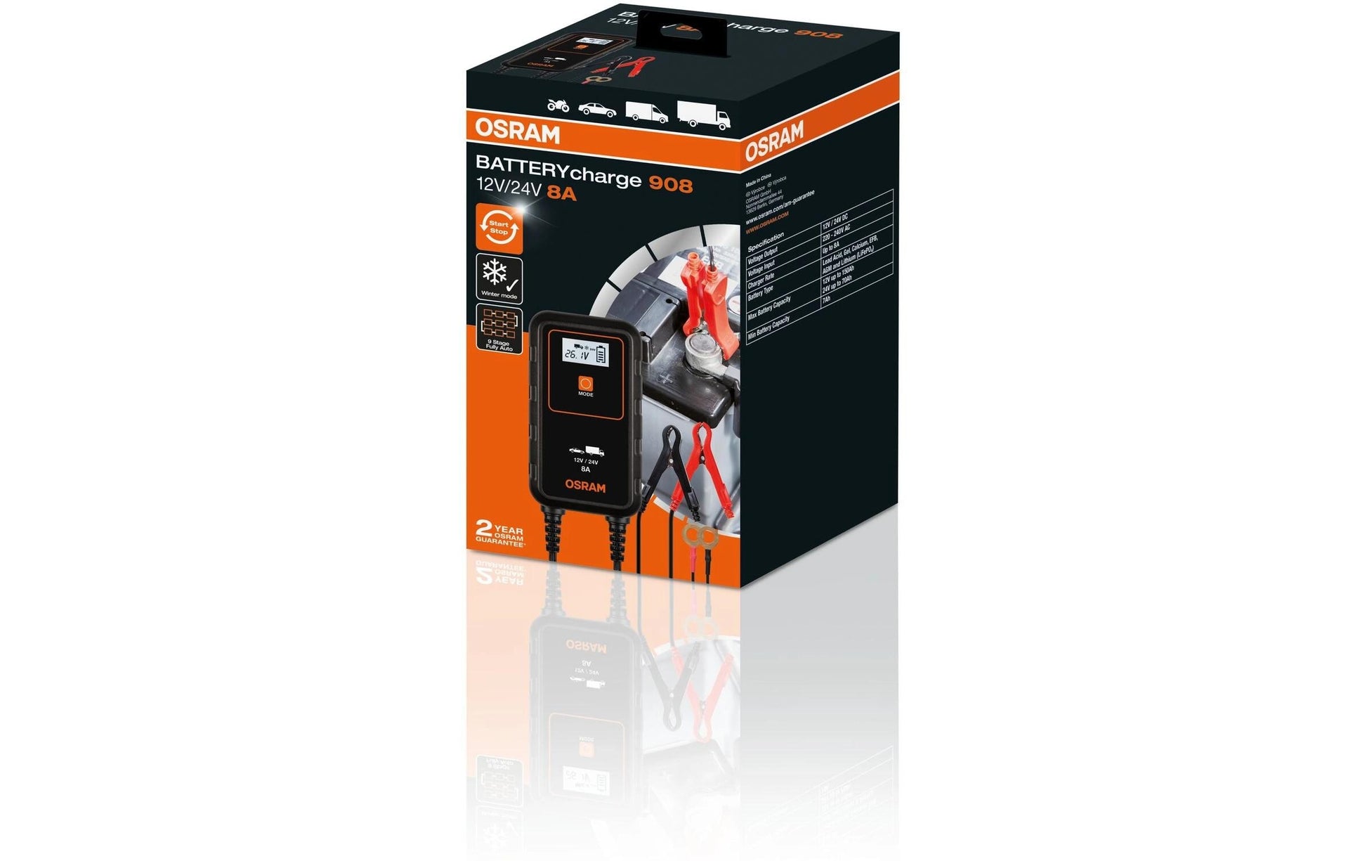 Osram BATTERYcharge 908 – Batterieladegerät, 24 V, 8 A, Blei-Säure, Erhaltungsladung für Autos