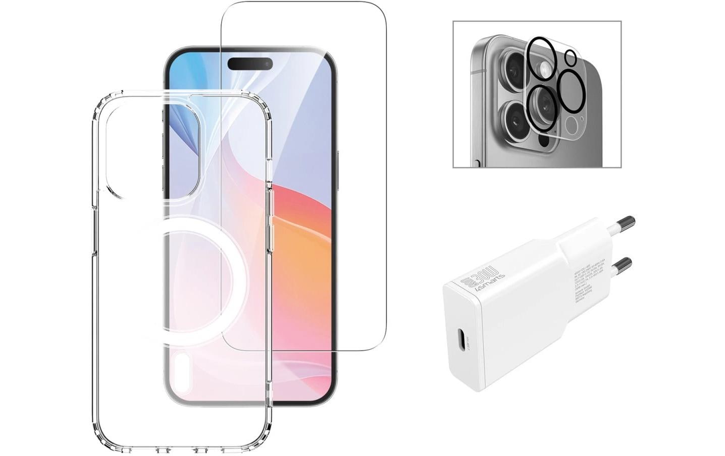 4smarts 3-in-1 Starter-Set (Glas, Hülle, Ladegerät) – für iPhone 16 Pro – Transparent