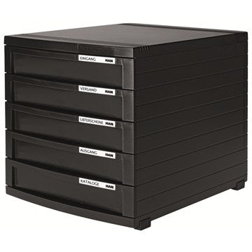 HAN Schubladenelement – 5 Schubladen, für A4, mit Auszugssperre, schwarz, Polystyrol, B 300 × H 307 × T 382 mm