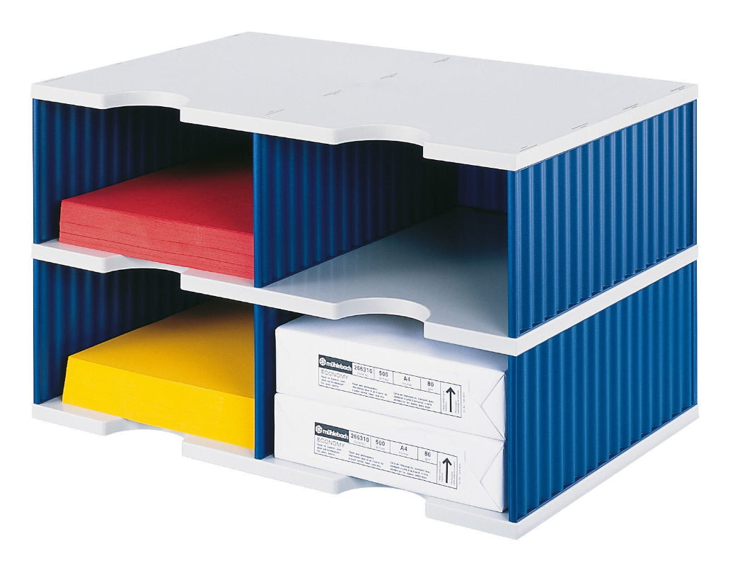 Styro Briefkorb – für C4, 4 Fächer, stapelbar, mit Griffausschnitt, blau/grau, B 485 × H 293 × T 331 mm