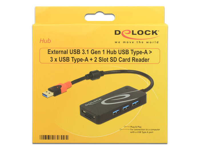 DeLOCK USB-Hub – USB-A, 3× USB-A, SD/microSD, für Windows/Mac/Linux