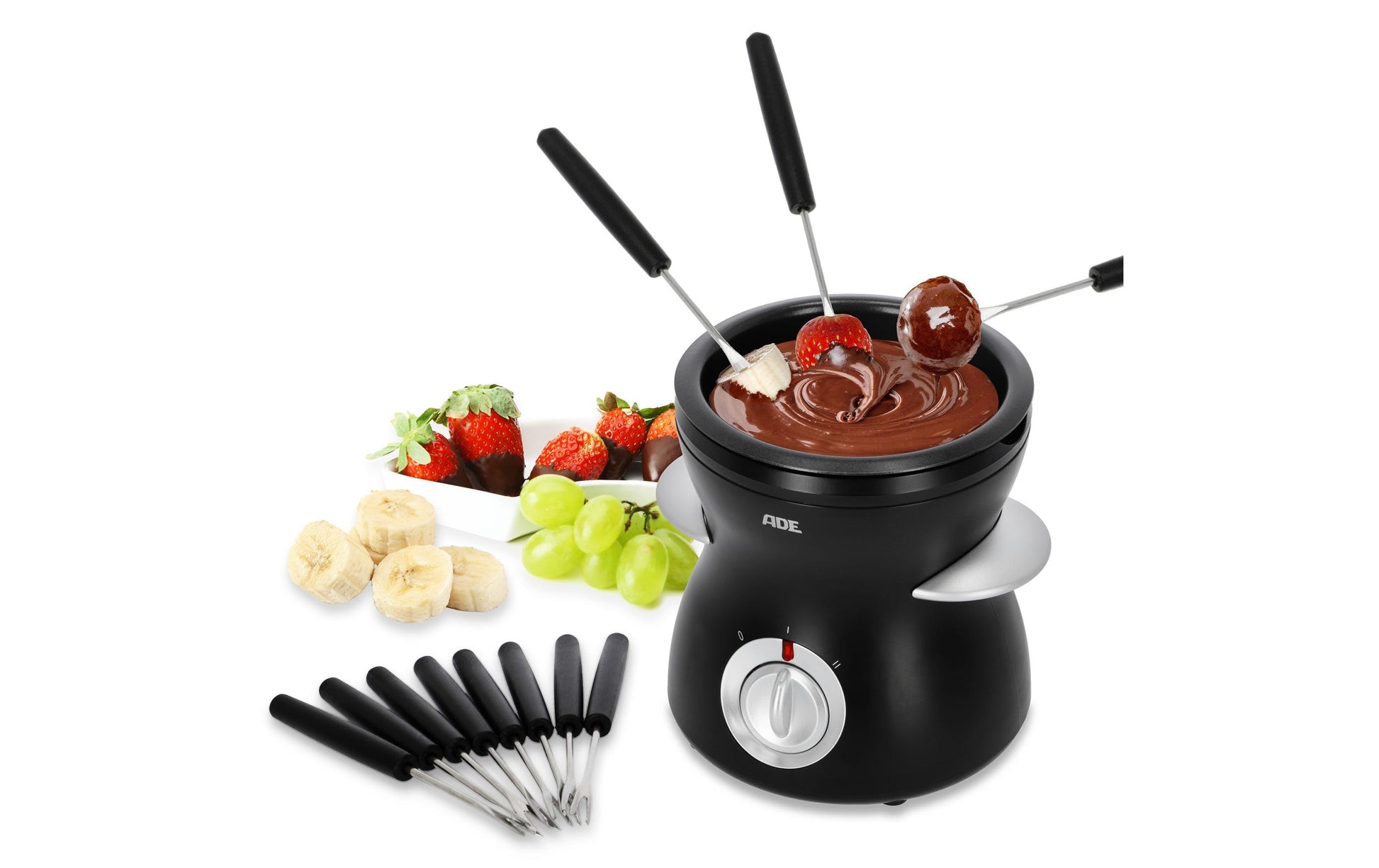 ADE Fondue-Set KG2352 – Kunststoff, 0,5 l, 6 Gabeln, netzbetrieben – schwarz/silber
