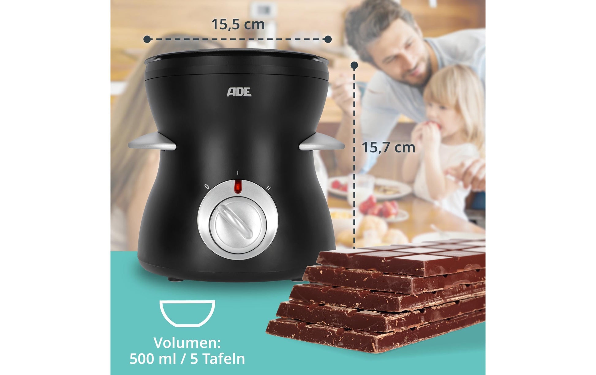 ADE Fondue-Set KG2352 – Kunststoff, 0,5 l, 6 Gabeln, netzbetrieben – schwarz/silber
