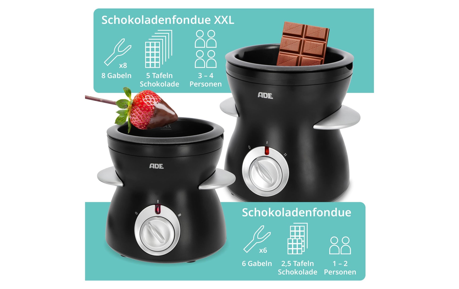 ADE Fondue-Set KG2352 – Kunststoff, 0,5 l, 6 Gabeln, netzbetrieben – schwarz/silber