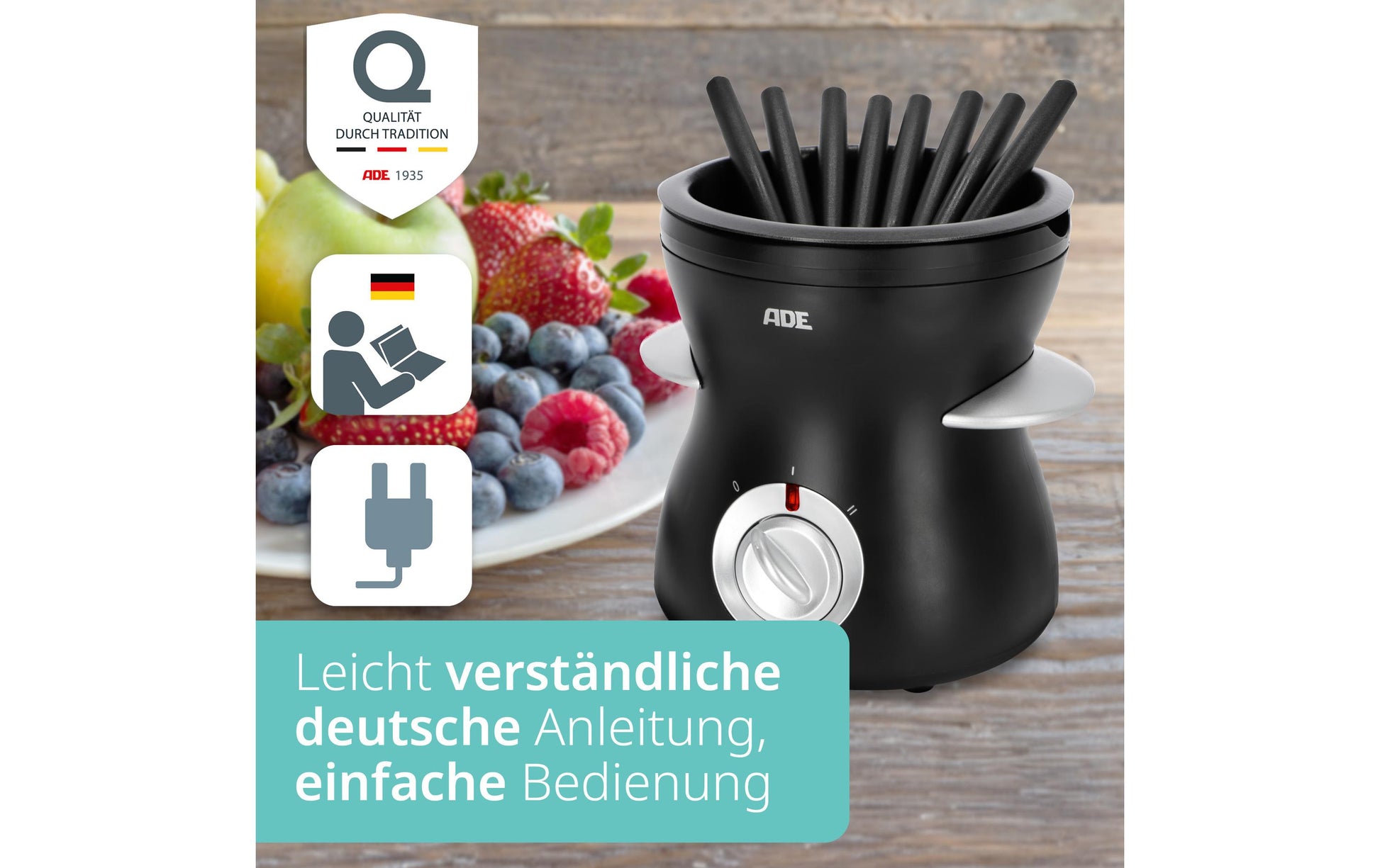 ADE Fondue-Set KG2352 – Kunststoff, 0,5 l, 6 Gabeln, netzbetrieben – schwarz/silber