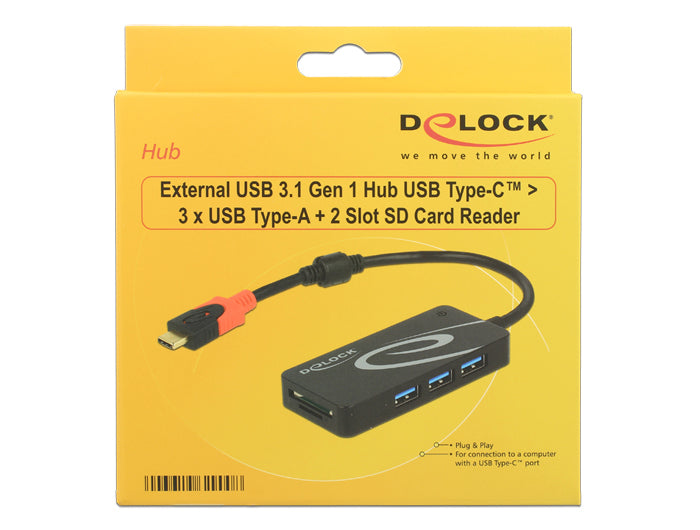 DeLOCK USB-Hub – USB-C, 3× USB-A, SD/microSD, für Windows/Mac/Linux