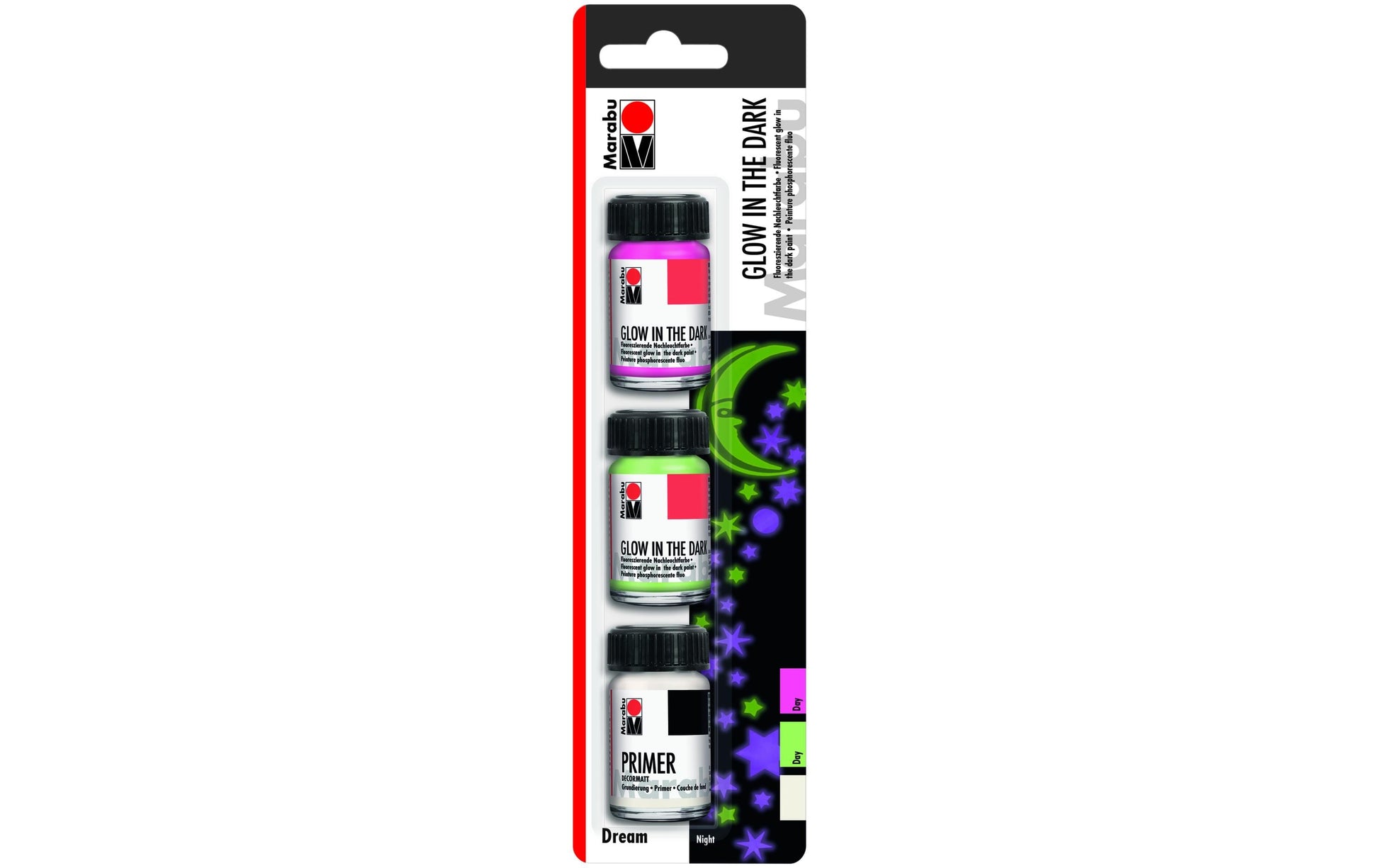 Marabu Glow in the Dark Leuchtfarbe – Grün, Pink – 3-teilig 3×15 ml (45 ml) – für Glas, Keramik, Holz