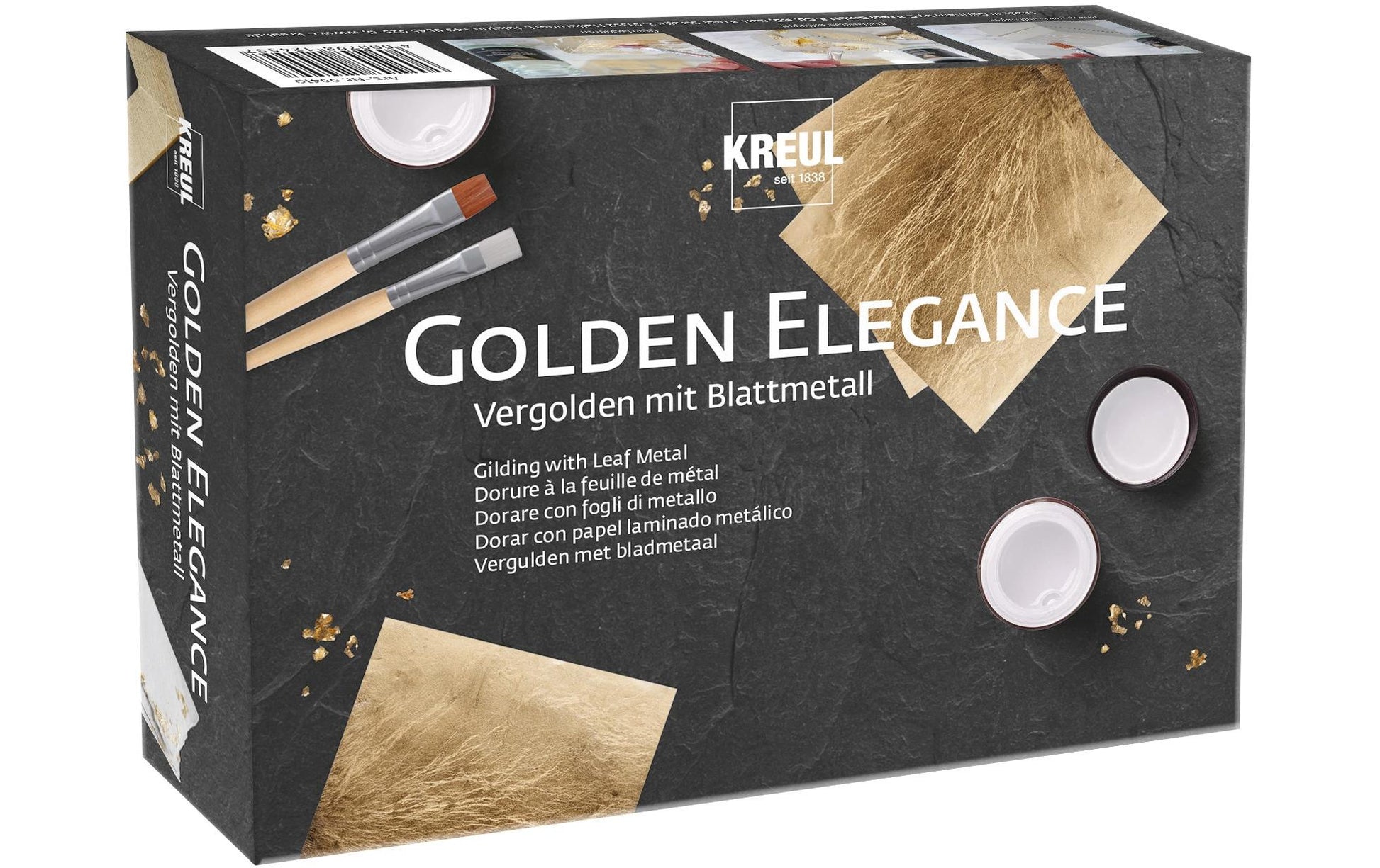 KREUL Golden Elegance – Bastelset – Vergolden mit Blattmetall – 6 Blattmetallblätter 14 × 14 cm, 2 × 50 ml, 2 Pinsel
