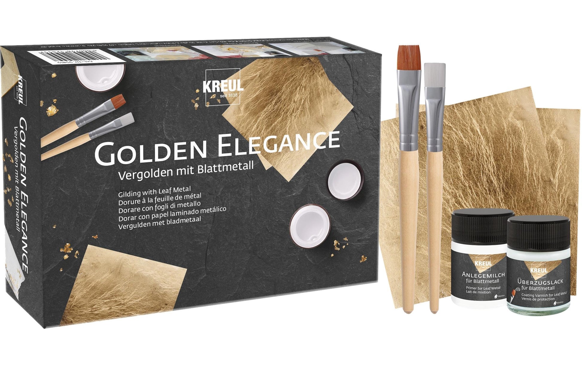 KREUL Golden Elegance – Bastelset – Vergolden mit Blattmetall – 6 Blattmetallblätter 14 × 14 cm, 2 × 50 ml, 2 Pinsel