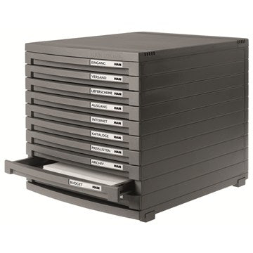 HAN Schubladenbox – 10 Schubladen, für A4, Auszugssperre, Grau, Polystyrol (PS), B 300 × H 307 × T 382 mm