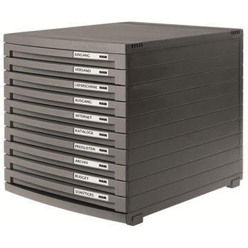 HAN Schubladenbox – 10 Schubladen, für A4, Auszugssperre, Grau, Polystyrol (PS), B 300 × H 307 × T 382 mm