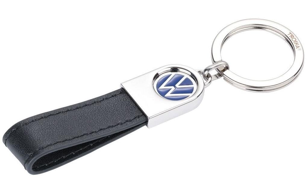 TROIKA Schlüsselanhänger VW Lederschlaufe – Leder/Metall, Schwarz, 115 × 35 × 7 mm, 6er-Pack
