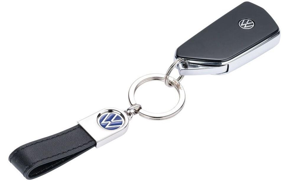 TROIKA Schlüsselanhänger VW Lederschlaufe – Leder/Metall, Schwarz, 115 × 35 × 7 mm, 6er-Pack