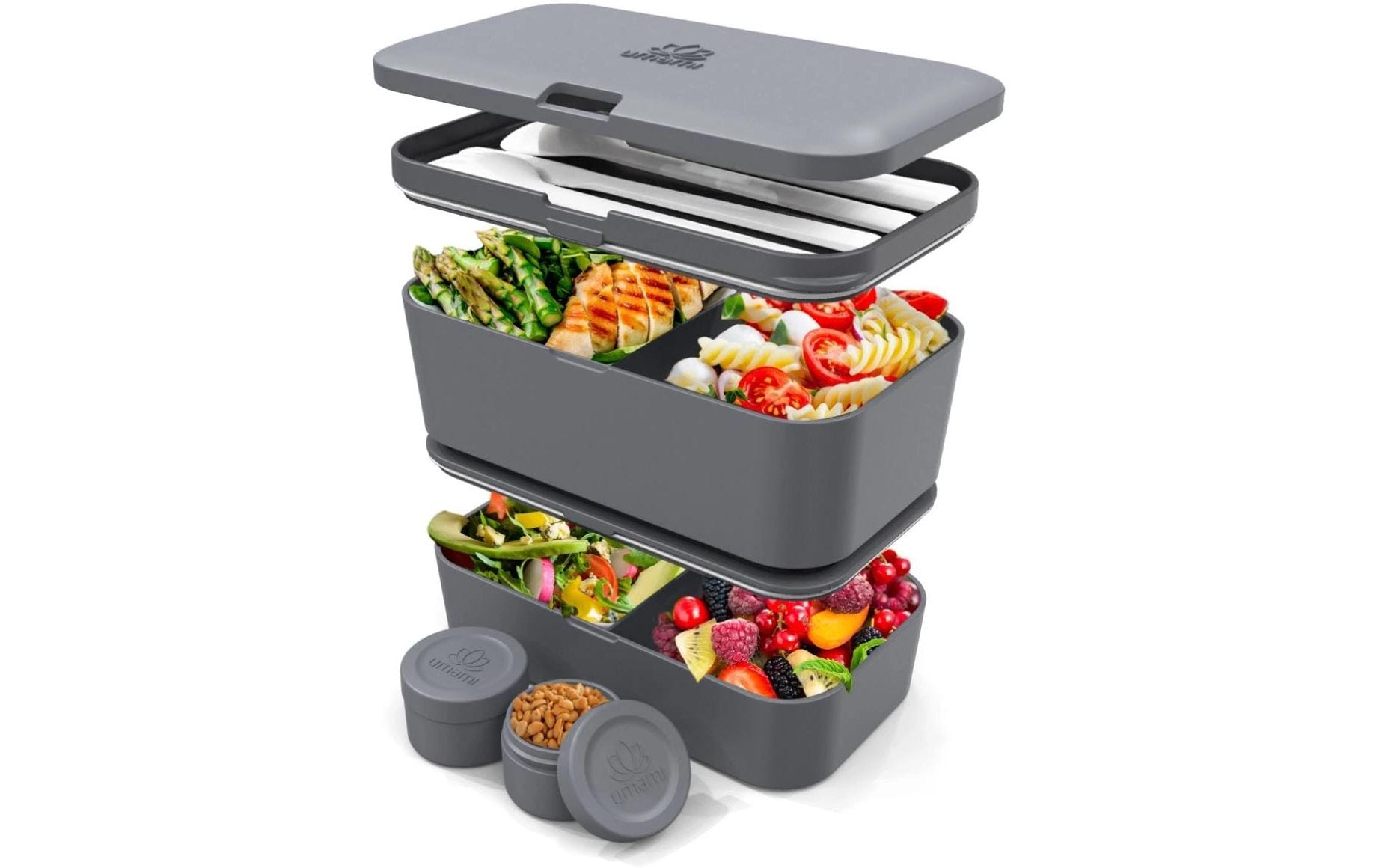 Umami Nestbare Bento Box – Lunchbox 1,5 l, 11 × 18,2 × 7 cm, Polypropylen (PP), grau, inkl. Besteck