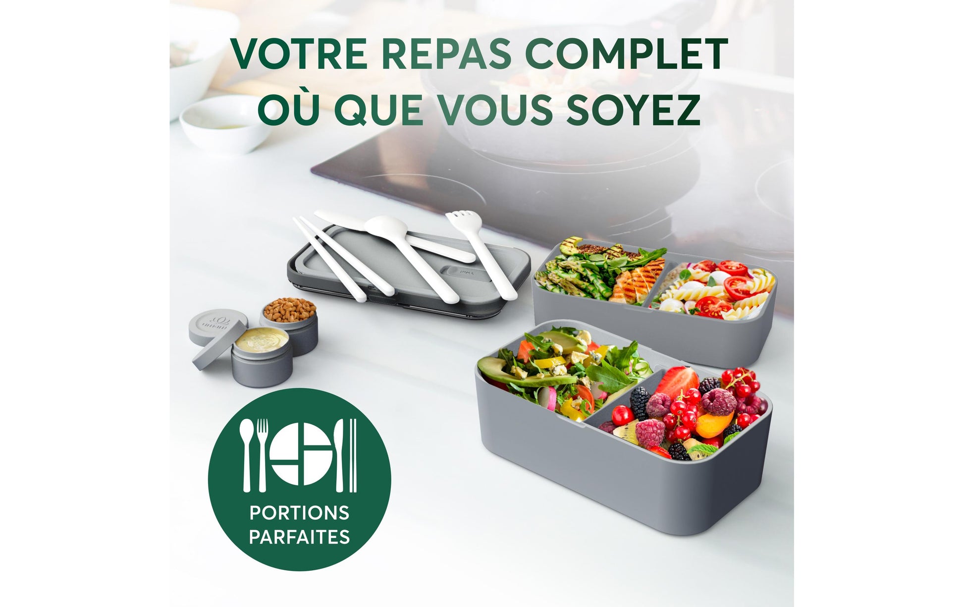 Umami Nestbare Bento Box – Lunchbox 1,5 l, 11 × 18,2 × 7 cm, Polypropylen (PP), grau, inkl. Besteck