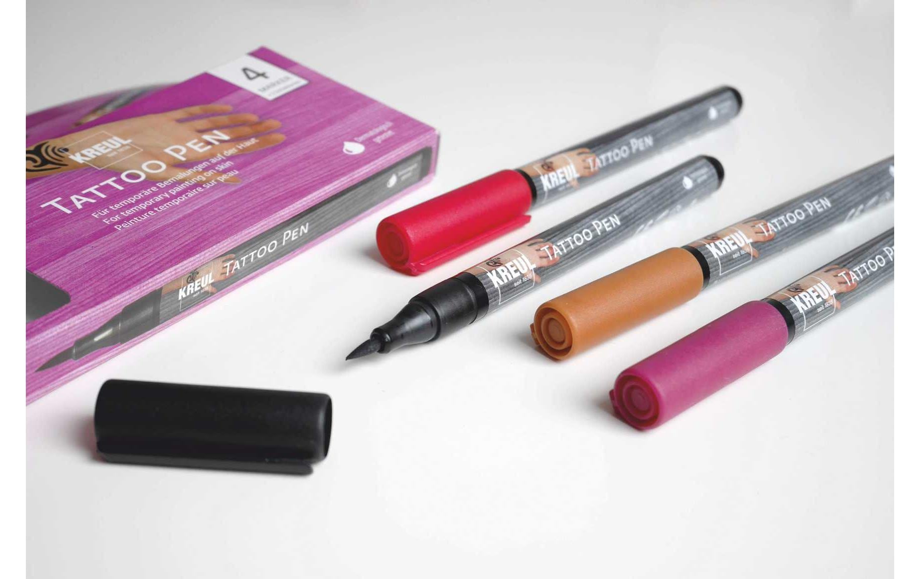 KREUL Tattoo-Marker – schwarz, rot, violett, 4 Stk., schnelltrocknend, wasserfest – für Haut