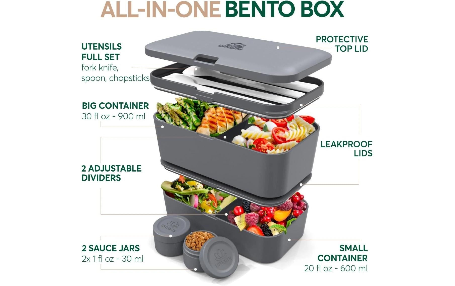 Umami Nestbare Bento Box – Lunchbox 1,5 l, 11 × 18,2 × 7 cm, Polypropylen (PP), grau, inkl. Besteck