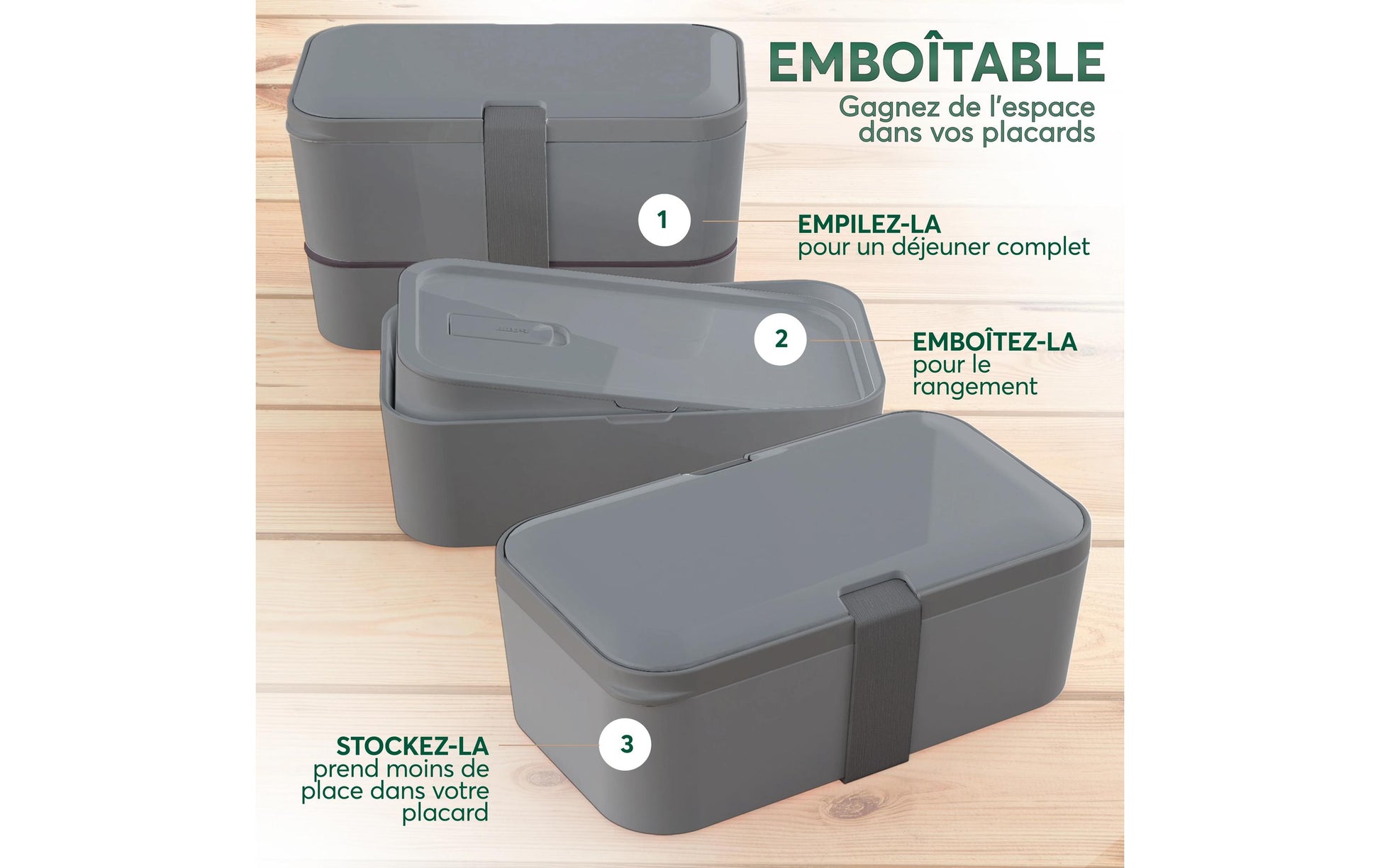 Umami Nestbare Bento Box – Lunchbox 1,5 l, 11 × 18,2 × 7 cm, Polypropylen (PP), grau, inkl. Besteck