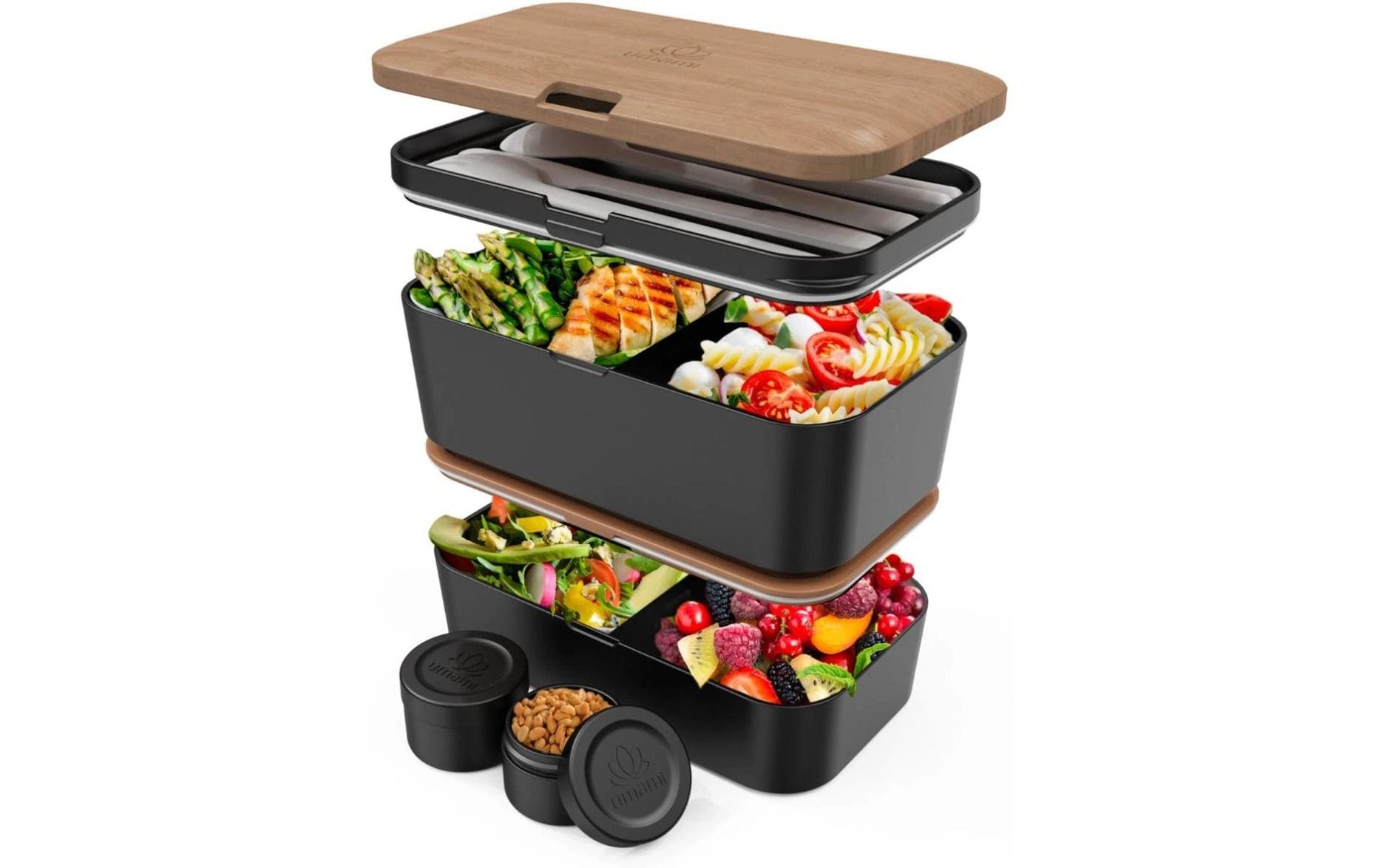 Umami Nestbare Bento Box – Lunchbox 1,5 l, 11 × 18,2 × 7 cm, Polypropylen (PP), schwarz/kirsche, inkl. Besteck