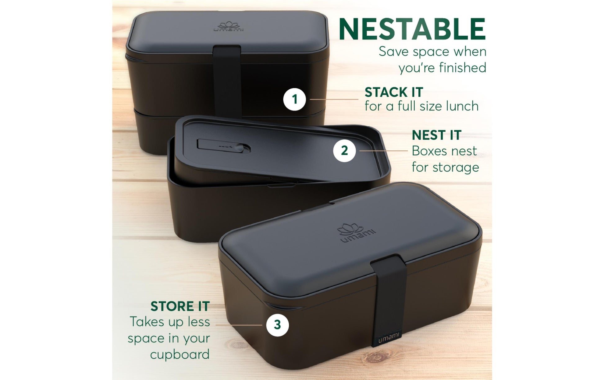 Umami Nestbare Bento Box – Lunchbox 1,5 l, 11 × 18,2 × 7 cm, Polypropylen (PP), schwarz, leckdicht
