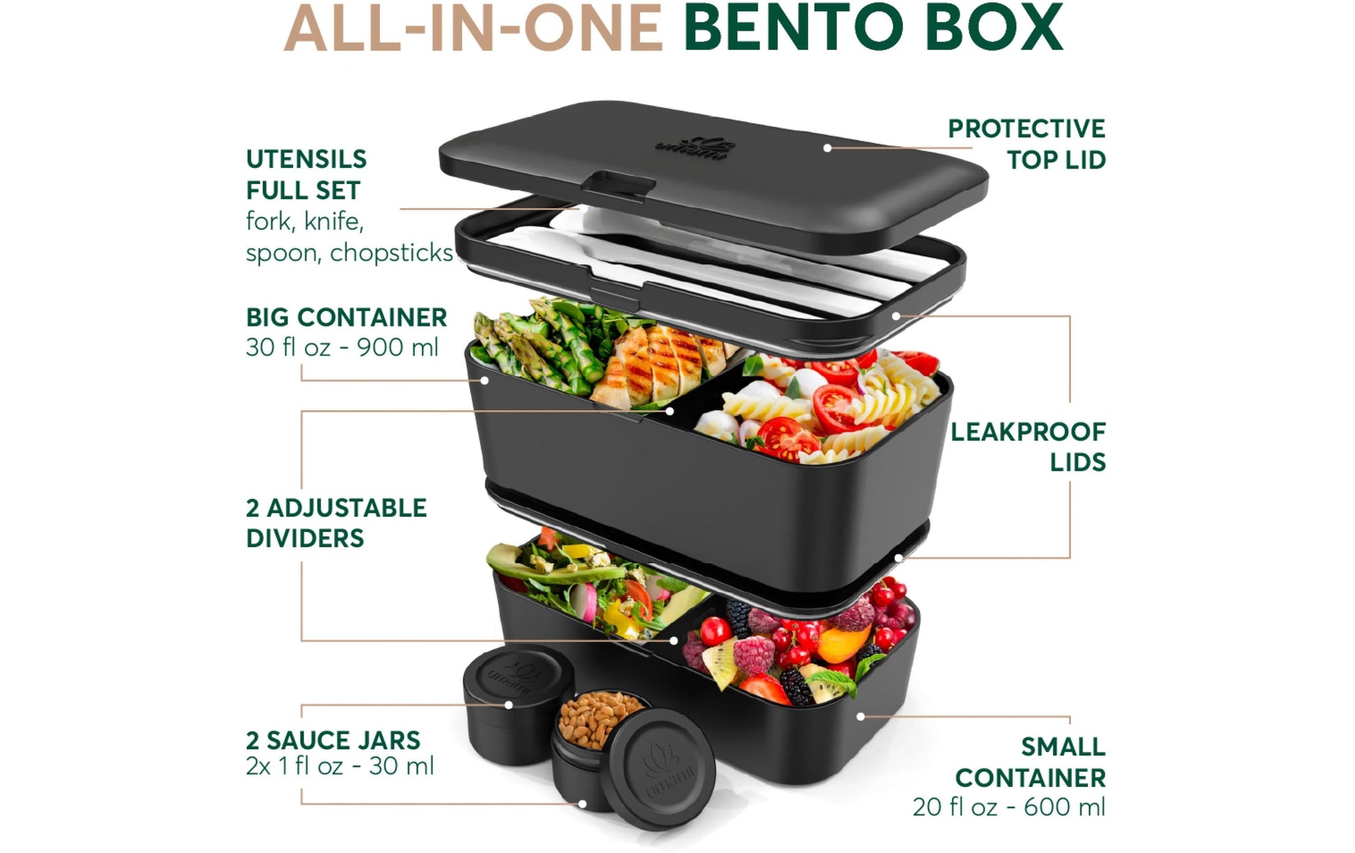 Umami Nestbare Bento Box – Lunchbox 1,5 l, 11 × 18,2 × 7 cm, Polypropylen (PP), schwarz, leckdicht