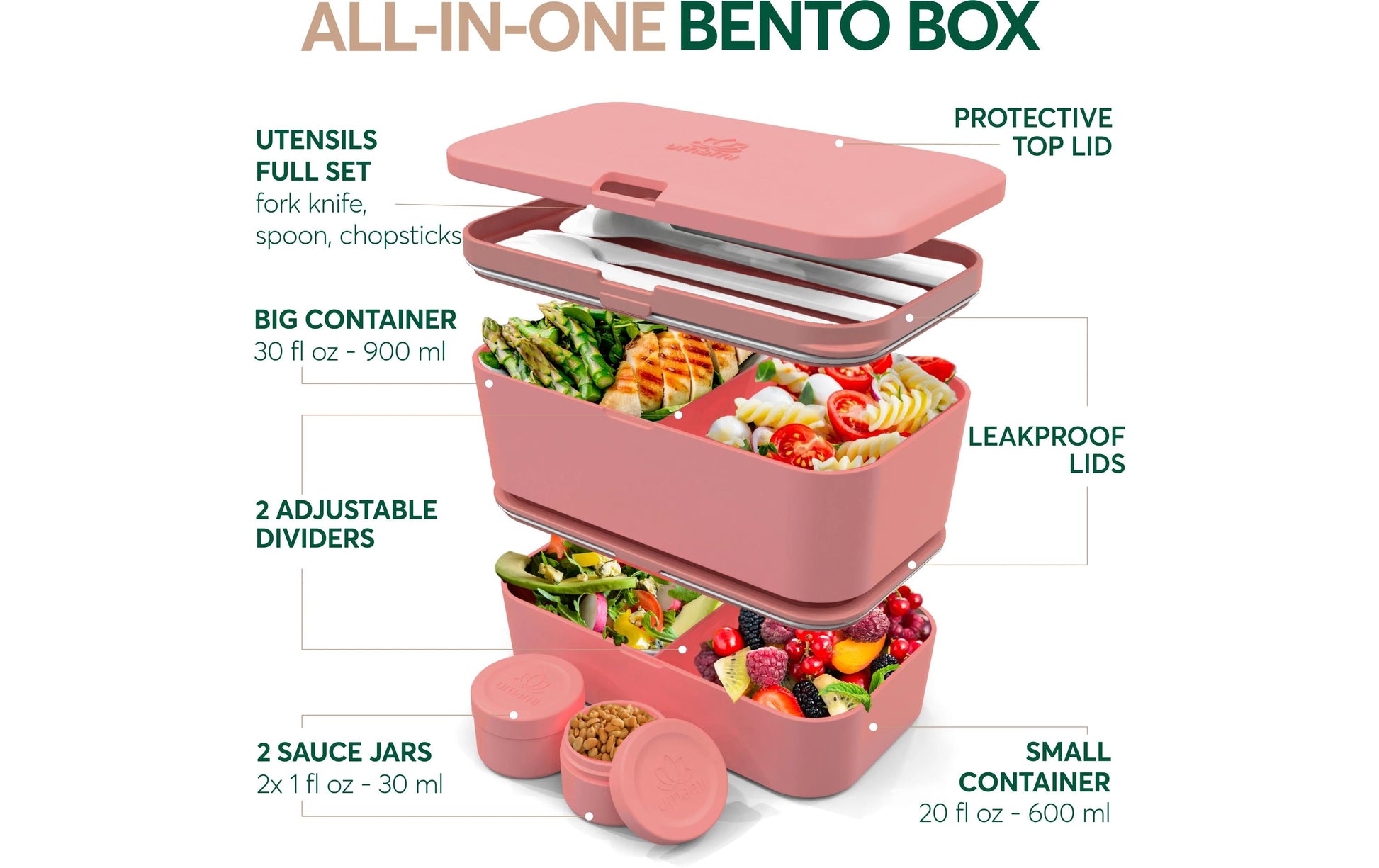 Umami Nestbare Bento Box – Lunchbox 1,5 l, 11 × 18,2 × 7 cm, Polypropylen (PP), Koralle, Leckdicht