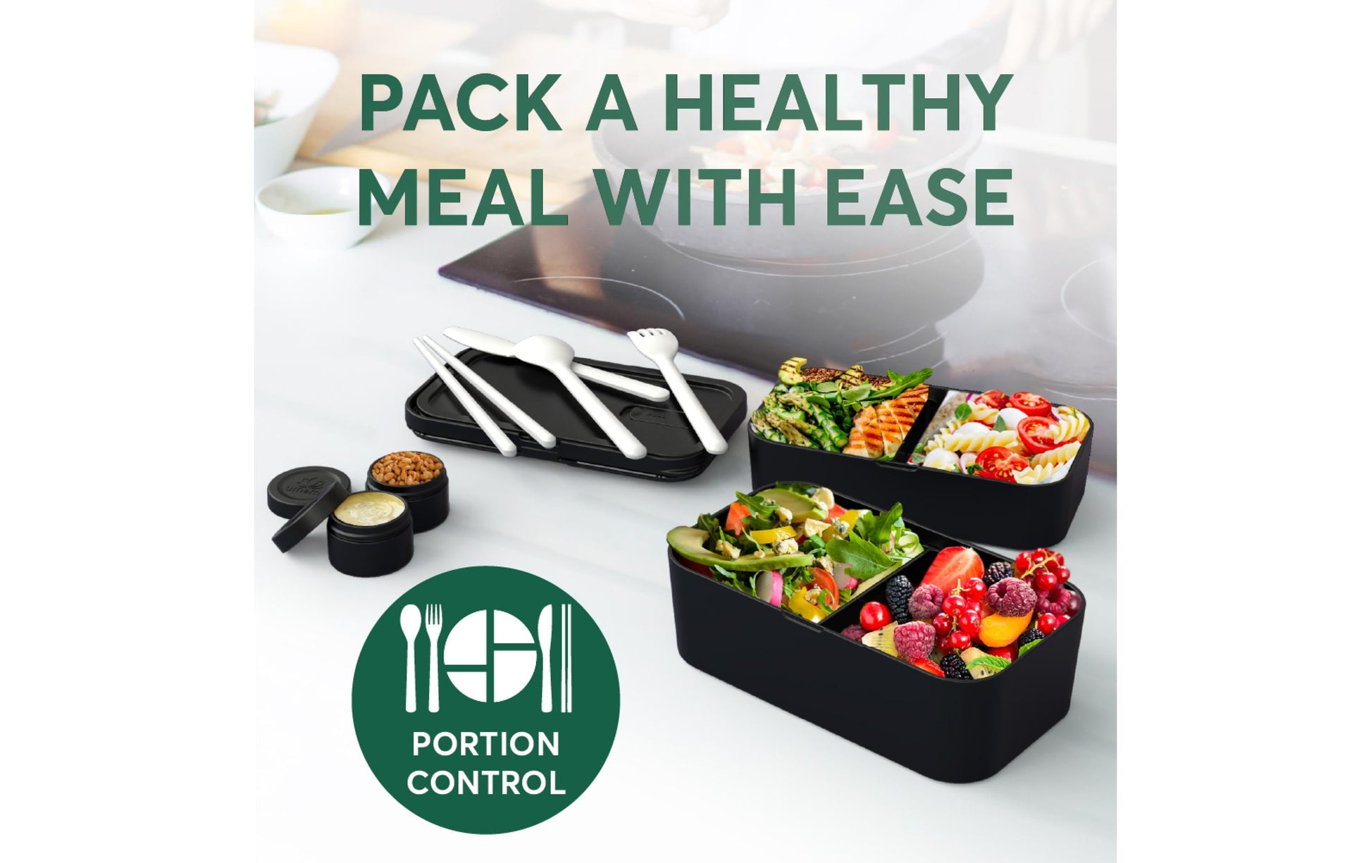 Umami Nestbare Bento Box – Lunchbox 1,5 l, 11 × 18,2 × 7 cm, Polypropylen (PP), schwarz, leckdicht