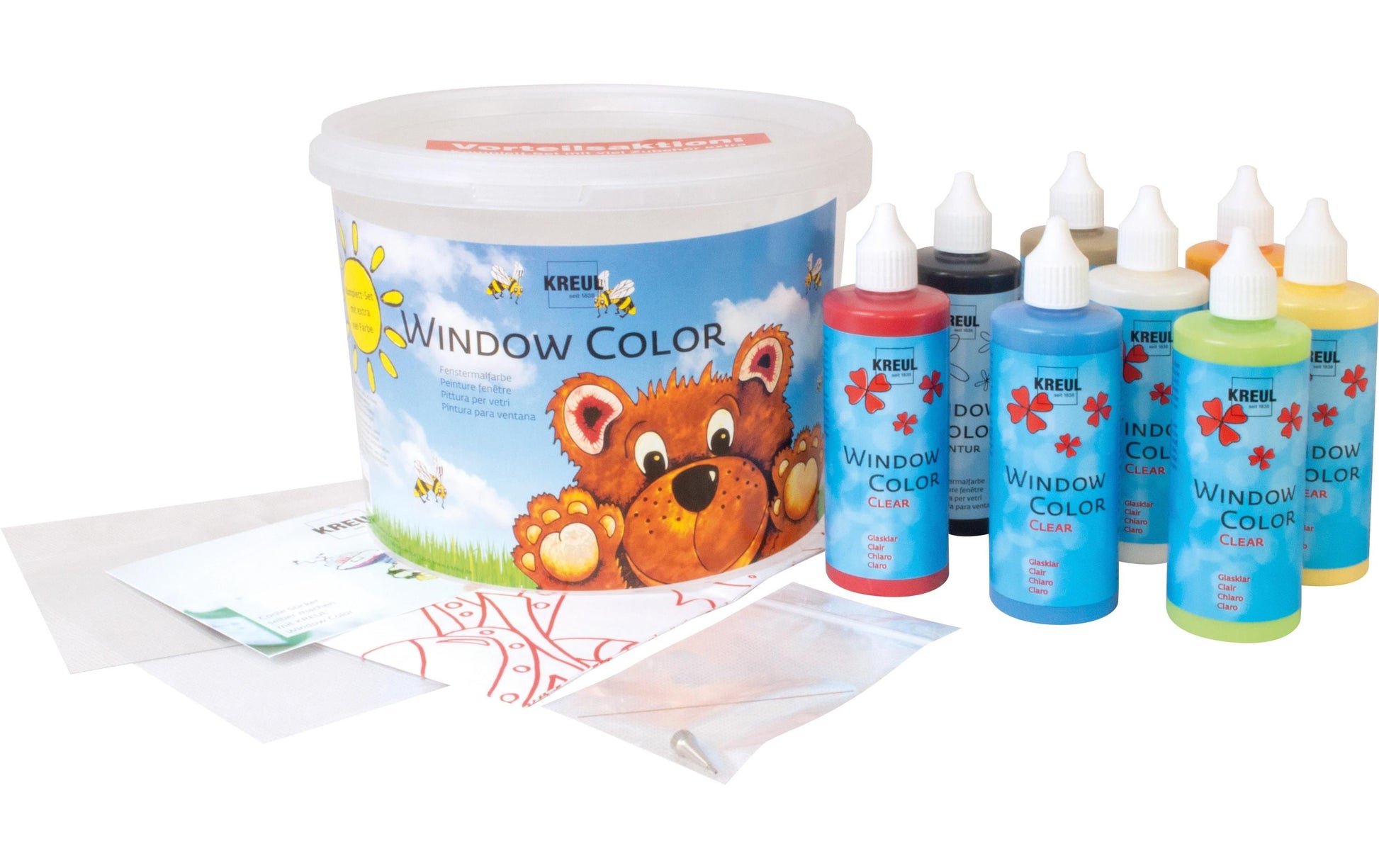 KREUL Window Color Fenstermalfarbe, Transparent, abziehbar – 8 Farben – 8×125 ml (1,0 l) – für Glas, Holz