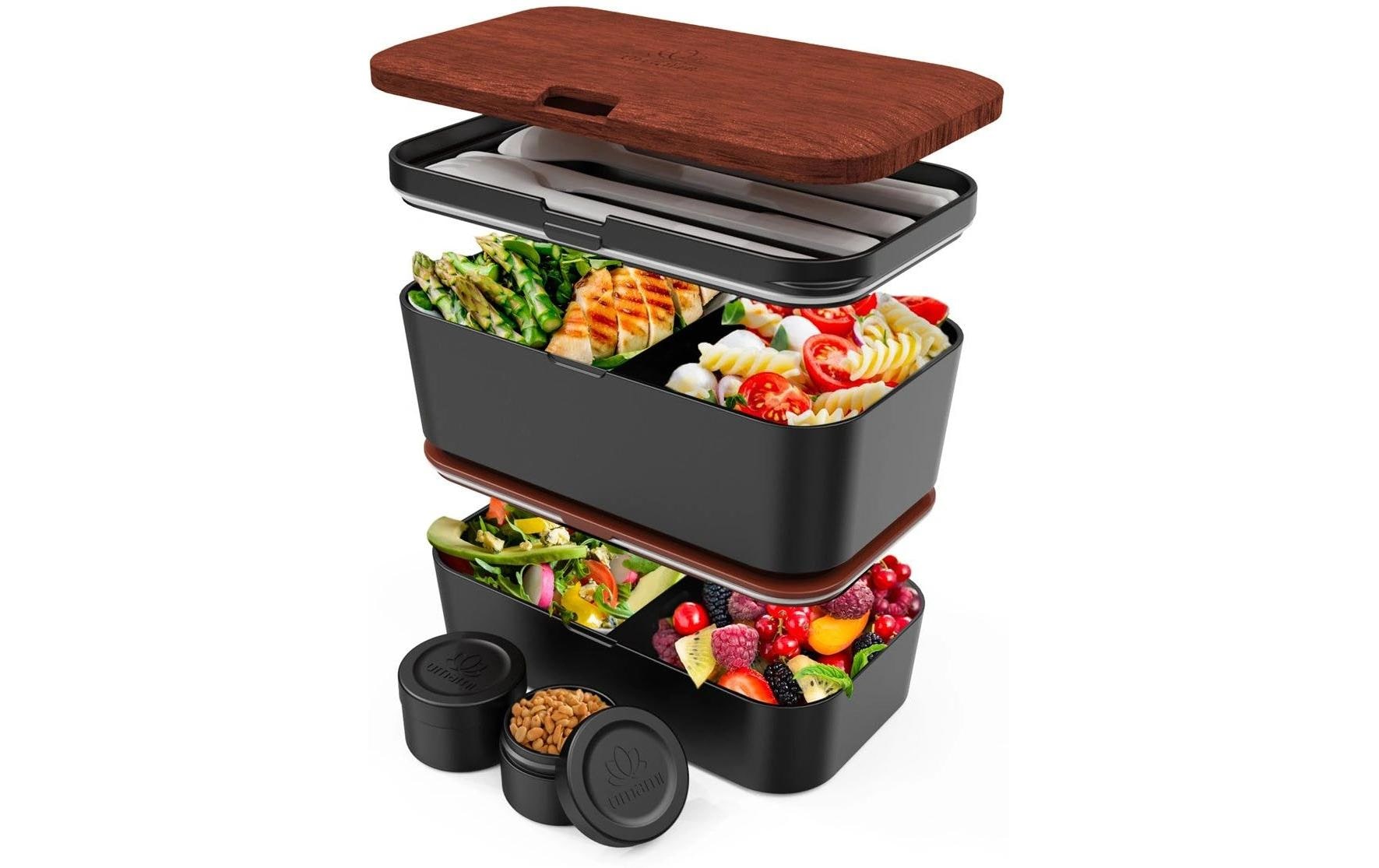 Umami Nestable Bento – Lunchbox 1,5 l, 11 × 18,2 × 7 cm, Polypropylen (PP), schwarz/holz, leckdicht