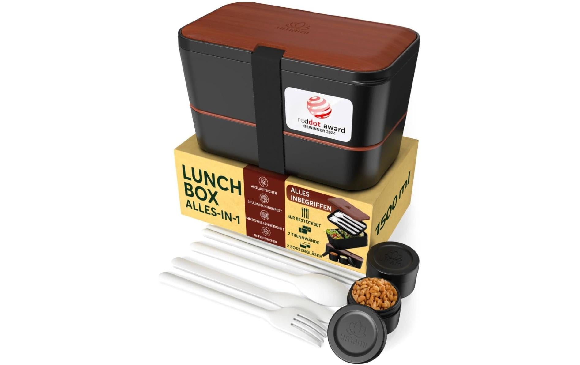 Umami Nestable Bento – Lunchbox 1,5 l, 11 × 18,2 × 7 cm, Polypropylen (PP), schwarz/holz, leckdicht