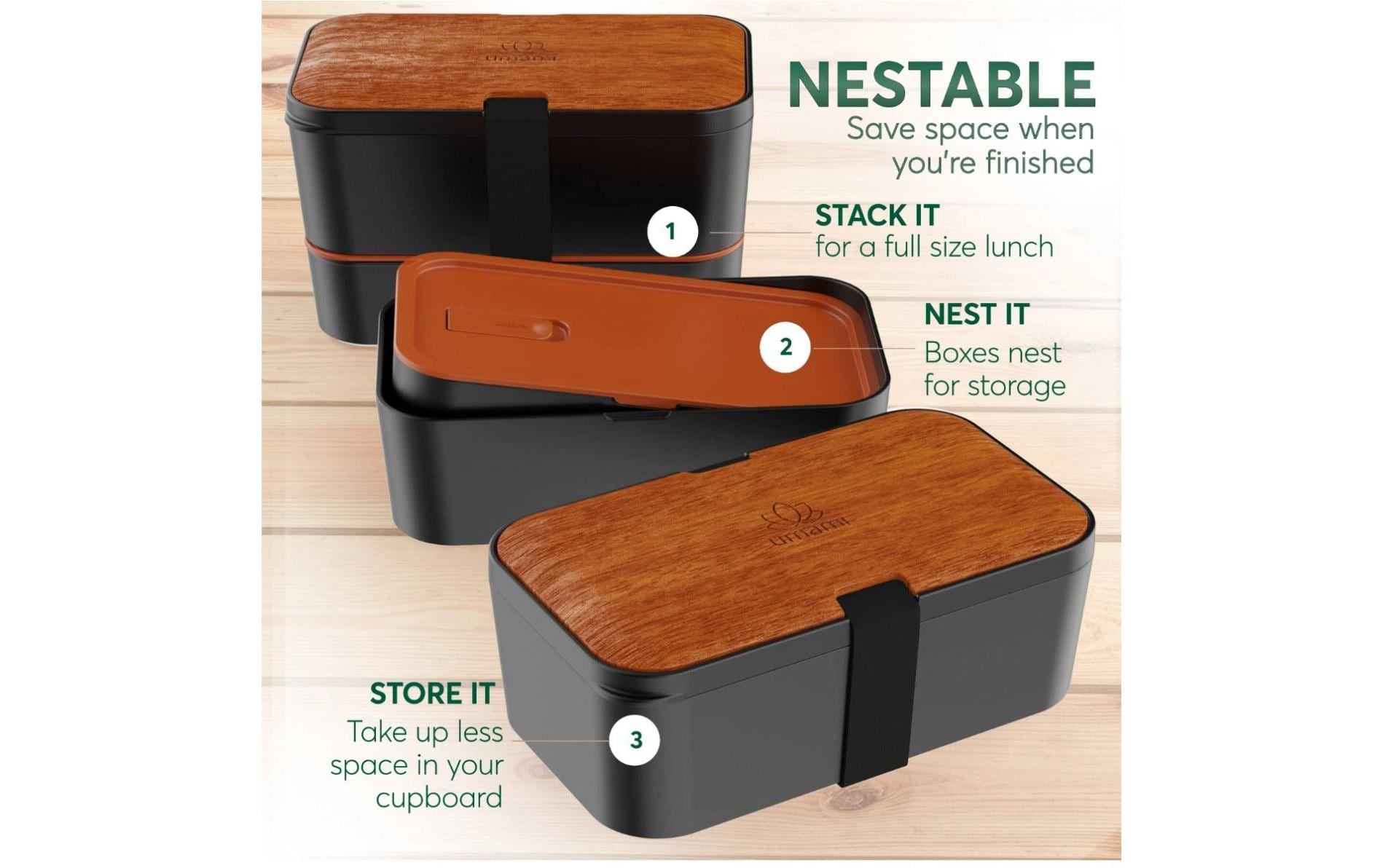 Umami Nestable Bento – Lunchbox 1,5 l, 11 × 18,2 × 7 cm, Polypropylen (PP), schwarz/holz, leckdicht