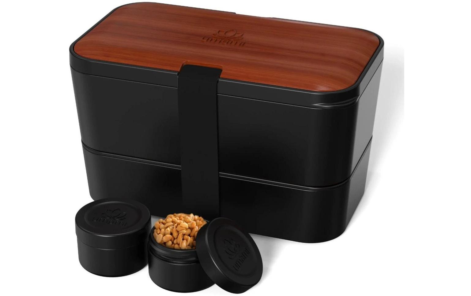 Umami Nestable Bento – Lunchbox 1,5 l, 11 × 18,2 × 7 cm, Polypropylen (PP), schwarz/holz, leckdicht