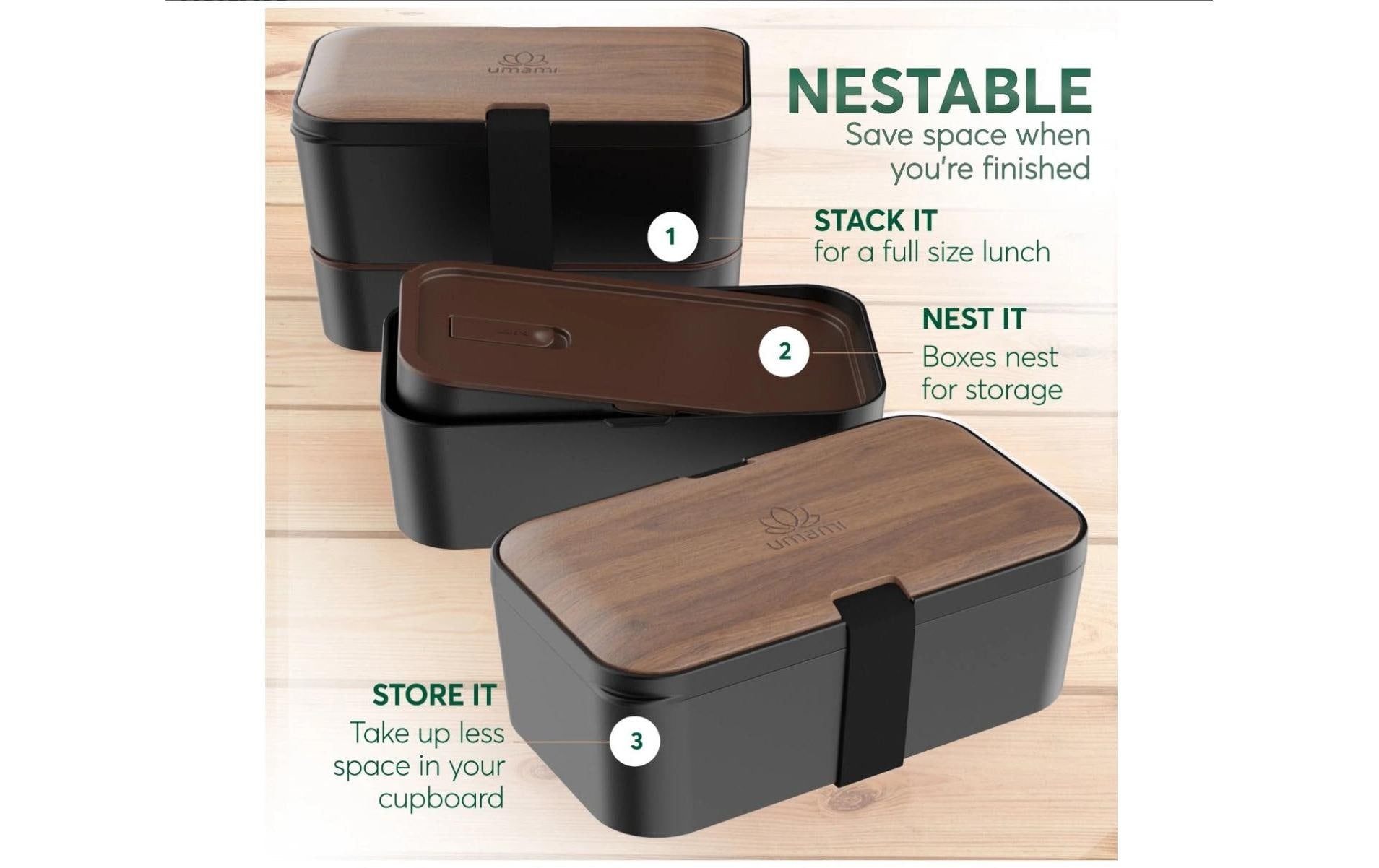 Umami Nestable – Lunchbox 1,5 l, 11 × 18,2 × 7 cm, Polypropylen (PP), walnuss/schwarz, leckdicht