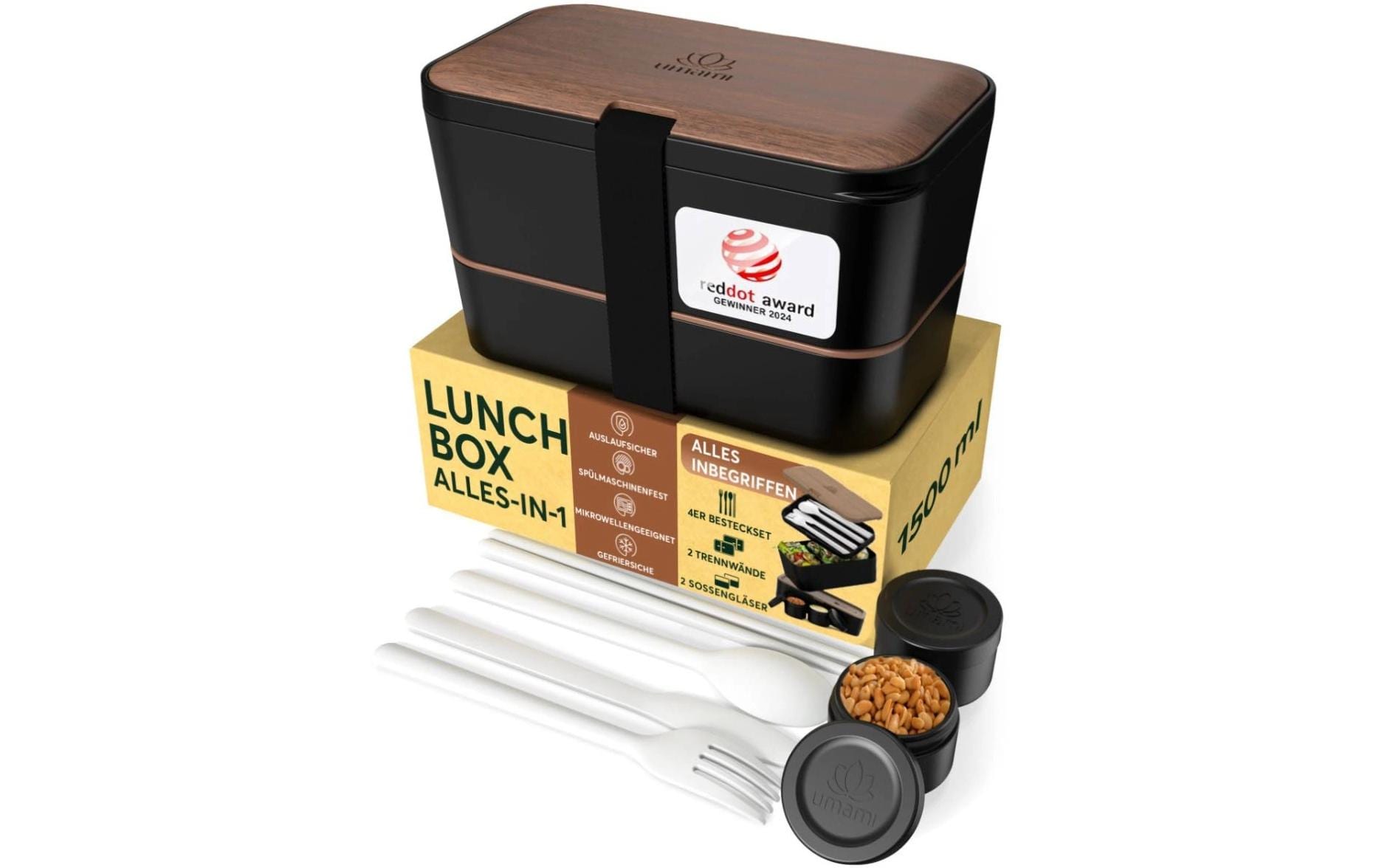 Umami Nestable – Lunchbox 1,5 l, 11 × 18,2 × 7 cm, Polypropylen (PP), walnuss/schwarz, leckdicht