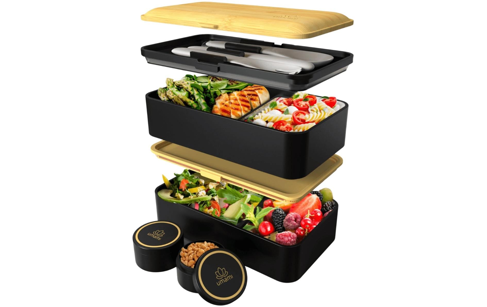 Umami Original – Lunchbox 1,5 l, 11 × 18,2 × 7 cm, Polypropylen (PP)/Bambus, schwarz, 4-teilig, leckdicht