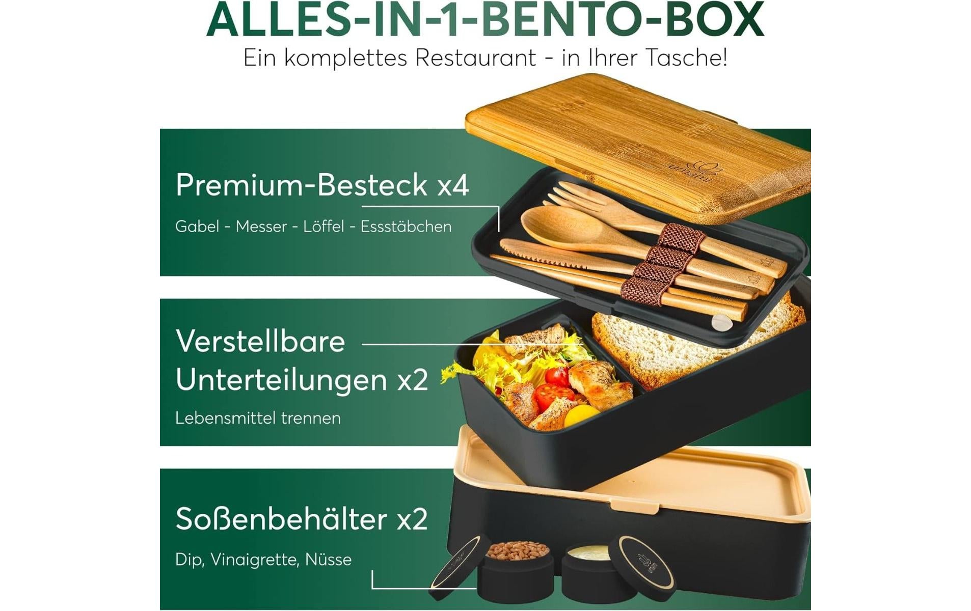 Umami Original – Lunchbox 1,5 l, 11 × 18,2 × 7 cm, Polypropylen (PP)/Bambus, schwarz, 4-teilig, leckdicht