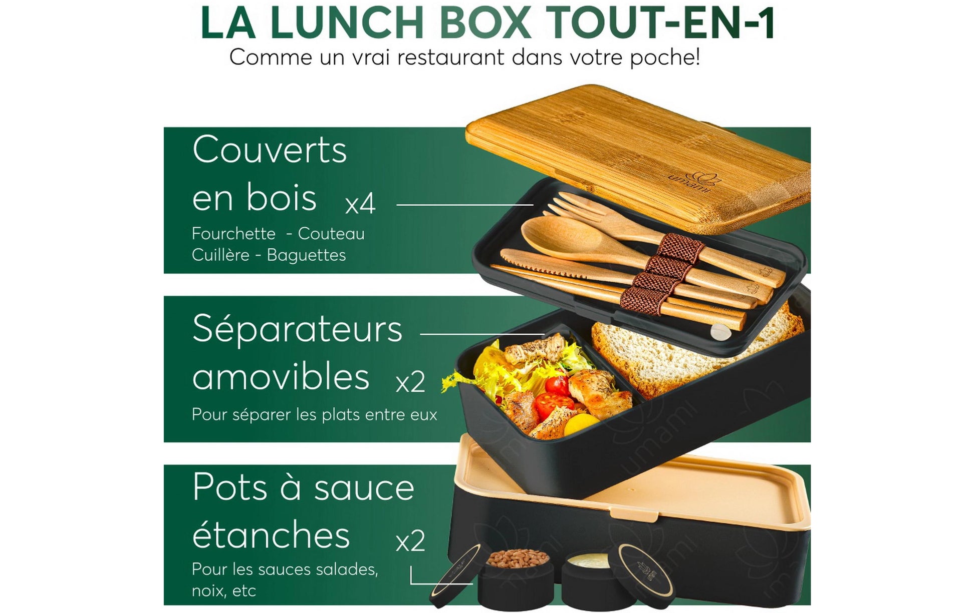 Umami Original – Lunchbox 1,5 l, 11 × 18,2 × 7 cm, Polypropylen (PP)/Bambus, schwarz, 4-teilig, leckdicht